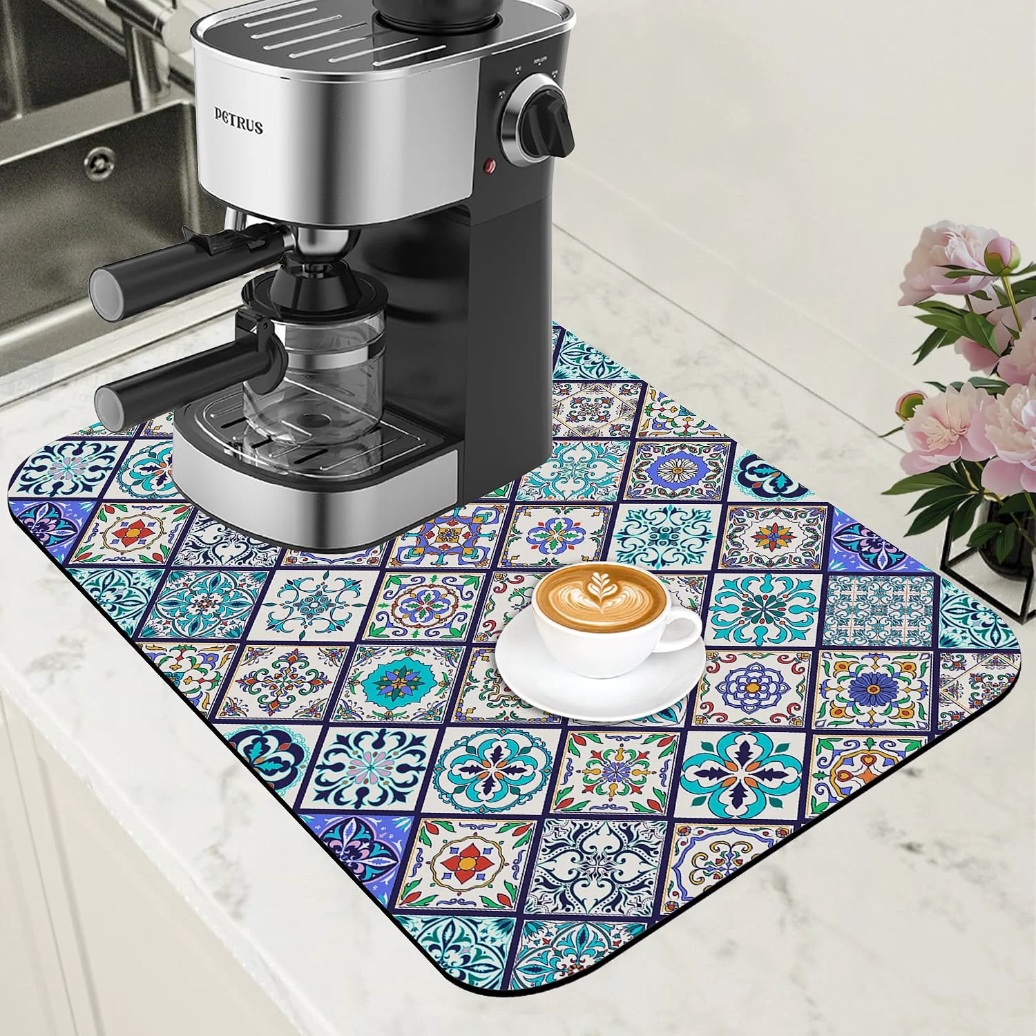 Powerful Colorful Tiles Dish Drying Mat for Kitchen Counter Coffee Mat Hide Stain Absorbent Non-Slip Rubber Backed Drying Rack Pad Espresso Machine Coffee Bar Accessories 11.8 x 19.7 Inch Authentic