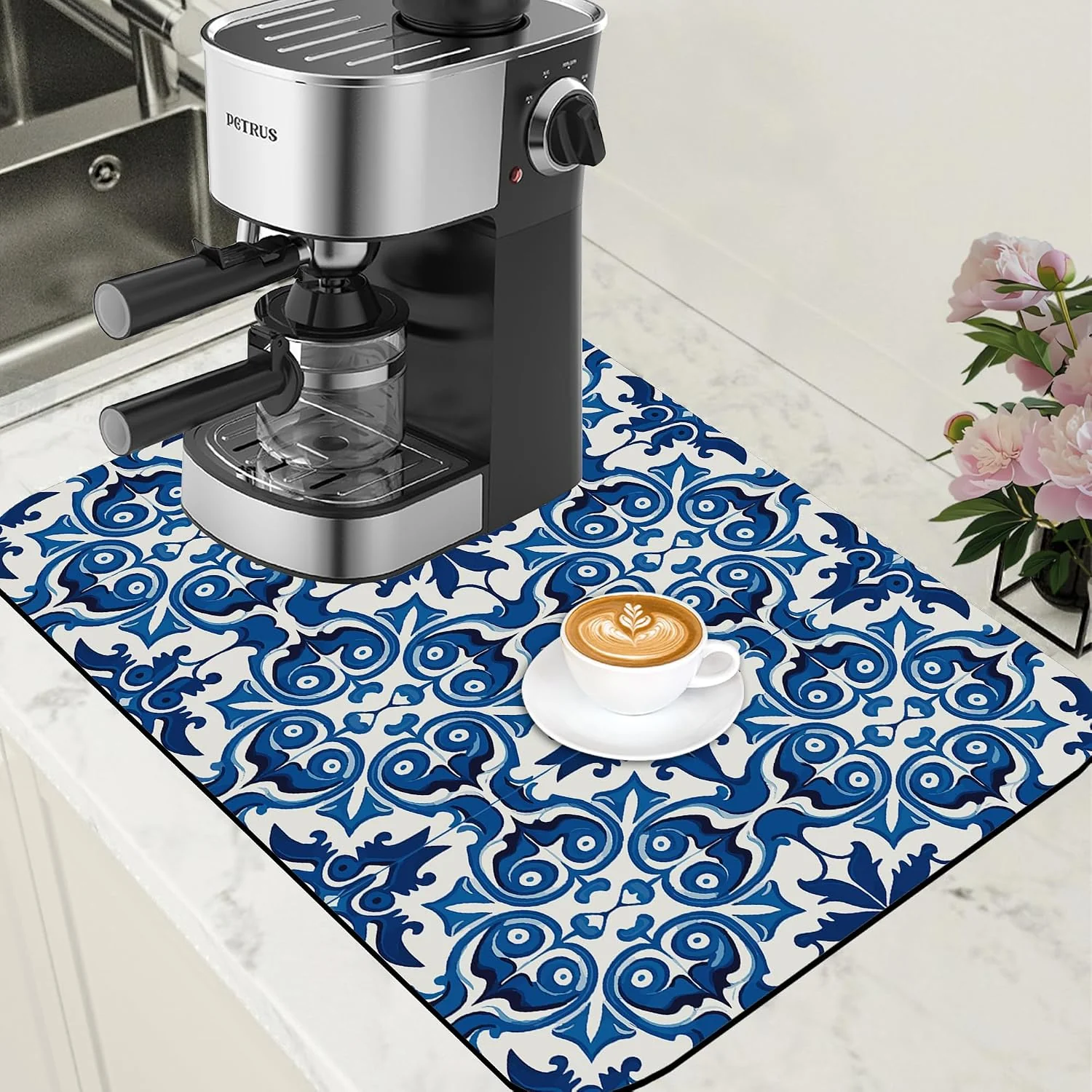 Premium Material Dish Drying Mat Blue Portuguese Tiles Coffee Bar Mat for Countertop – Absorbent Rubber Backed Hide Stain Dish Drainer Rack – Coffee Maker Pot Dining Room Decoration 15.7 x 23.6 Inch Unique