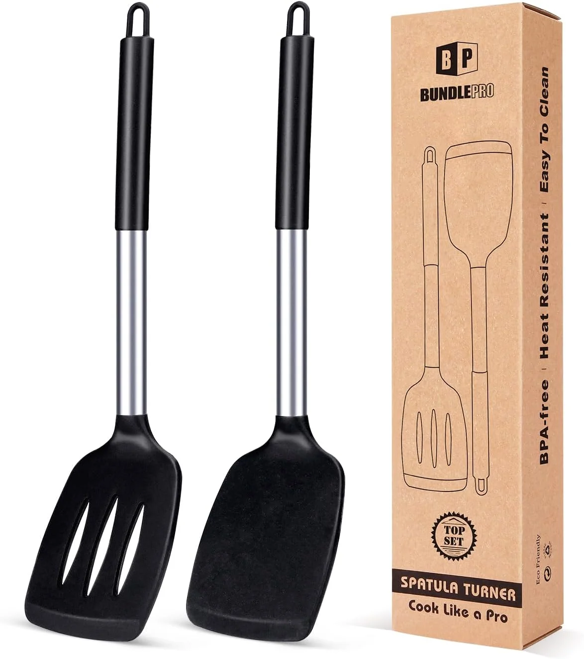Smooth Pack of 2 Silicone Solid Turner Non Stick Slotted Kitchen Spatulas High Heat Resistant BPA Cooking Utensils I Cookware for Fish Eggs Sophisticated