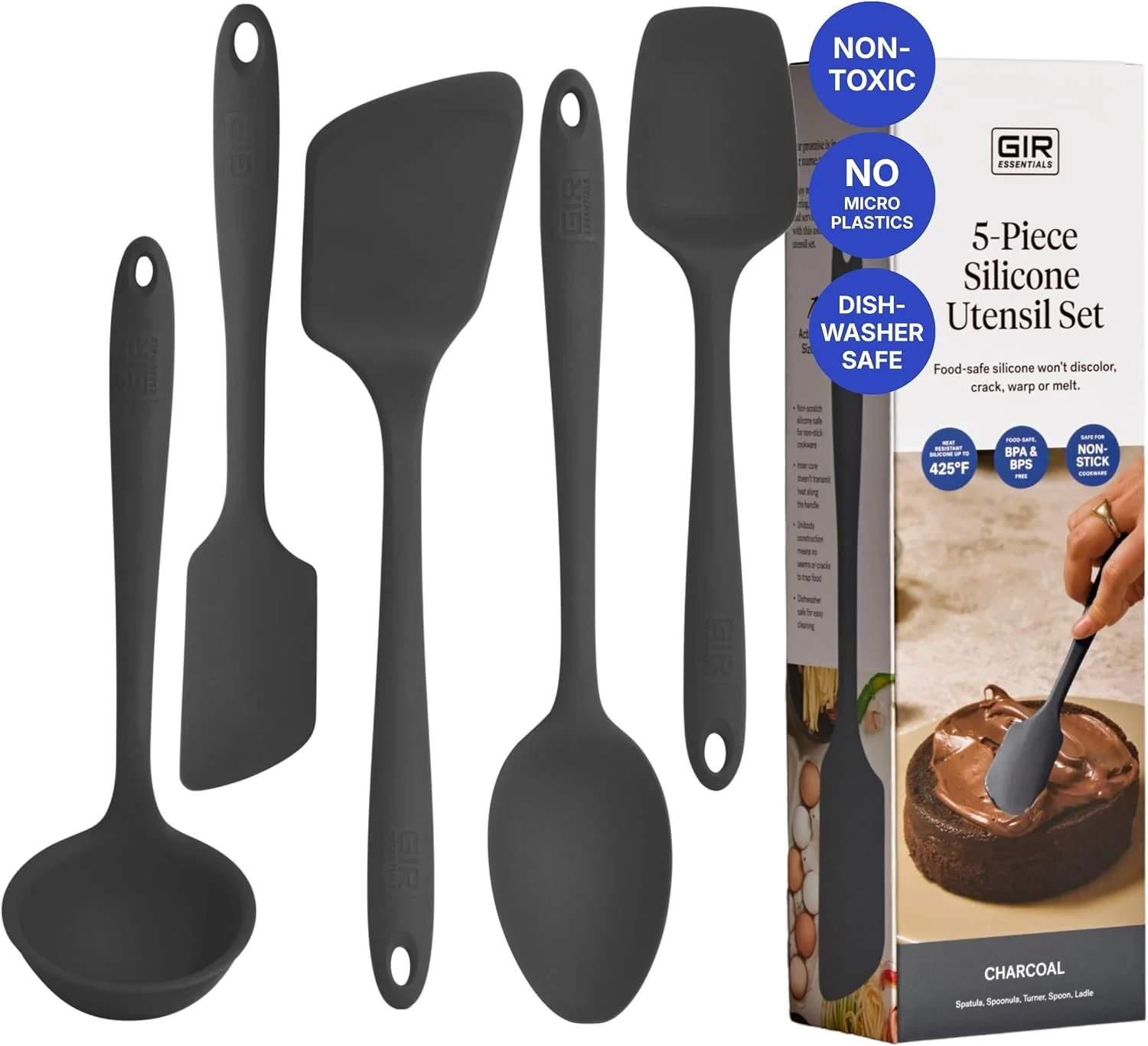 Unique GIR 5-Piece Silicone Kitchen Utensils Set Non-Toxic Cooking Utensils for Cooking and Baking Heat Resistant Food Grade Dishwasher Safe Rubber Spatula Ladle Spoon – Charcoal High-End