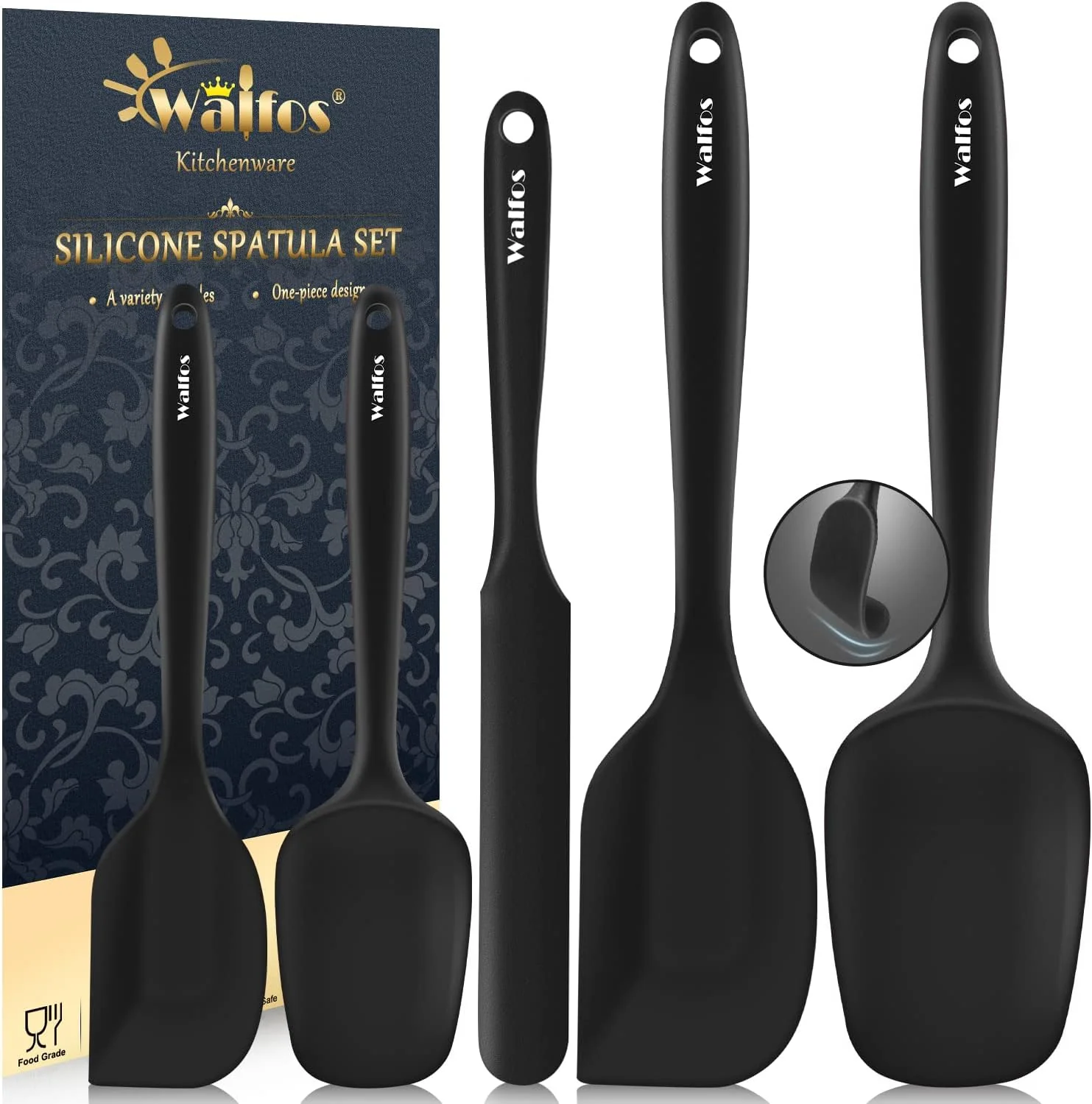 Expertly Made Walfos 600°F High Heat Resistant Silicone Spatula Set of 5- Food Grade Rubber Spatula Set for Baking Cooking amp Mixing – BPA Non Stick and Dishwasher Safe black Minimalist