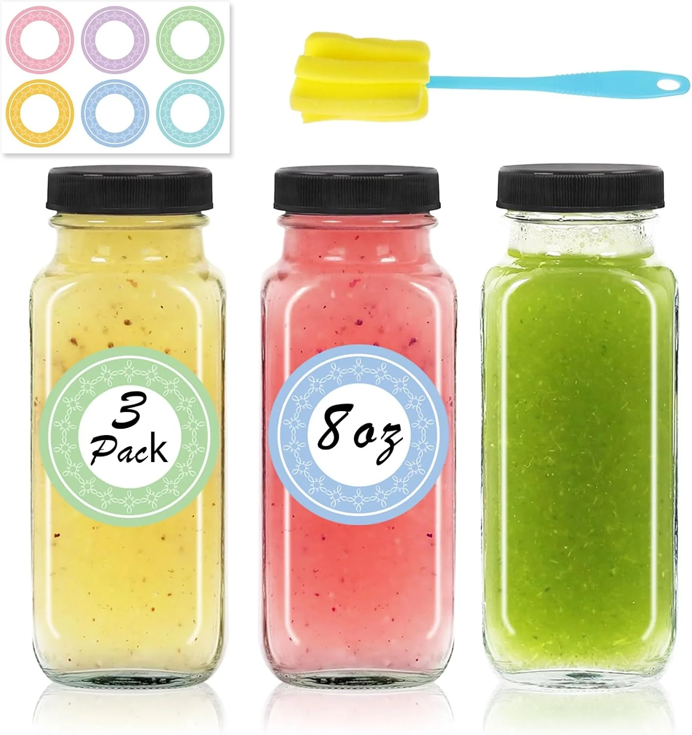 Classic 3 pack 8 oz Glass Juice Bottles with Lids 250 ml Reusable Glass Water Bottles Empty Drink Containers Drinking Jars with Brush for Milk Juicing Authentic