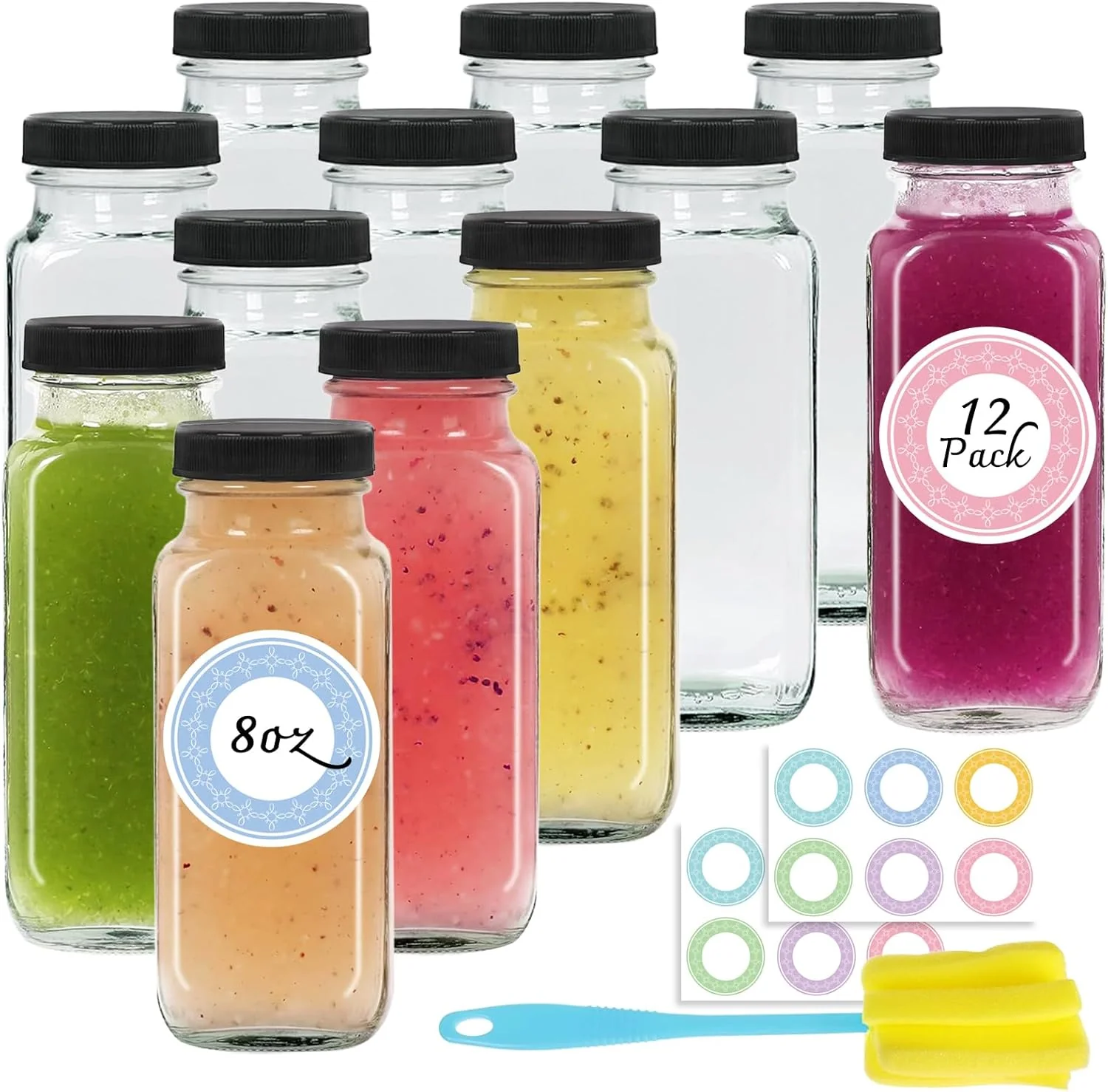 Detailed 12 pack 8 oz Glass Juice Bottles with Lids Reusable Glass Water Bottles 250 ml Juice Containers Drinking Jars with Brush Drink Jars for Milk Excellent