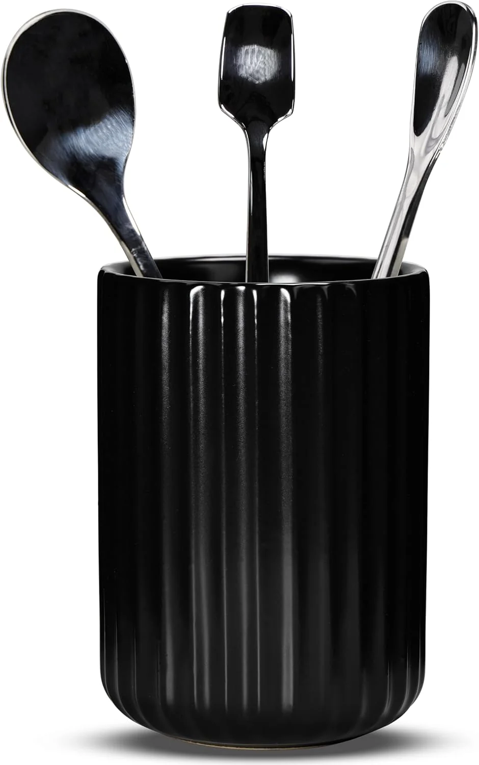 Elegant Ceramic Spoon Holder for Coffee Bar Upright Tea Spoon Holder Cup Coffee Stirrers Straws Stir Stick Holder Black Fluted Surface Excellent