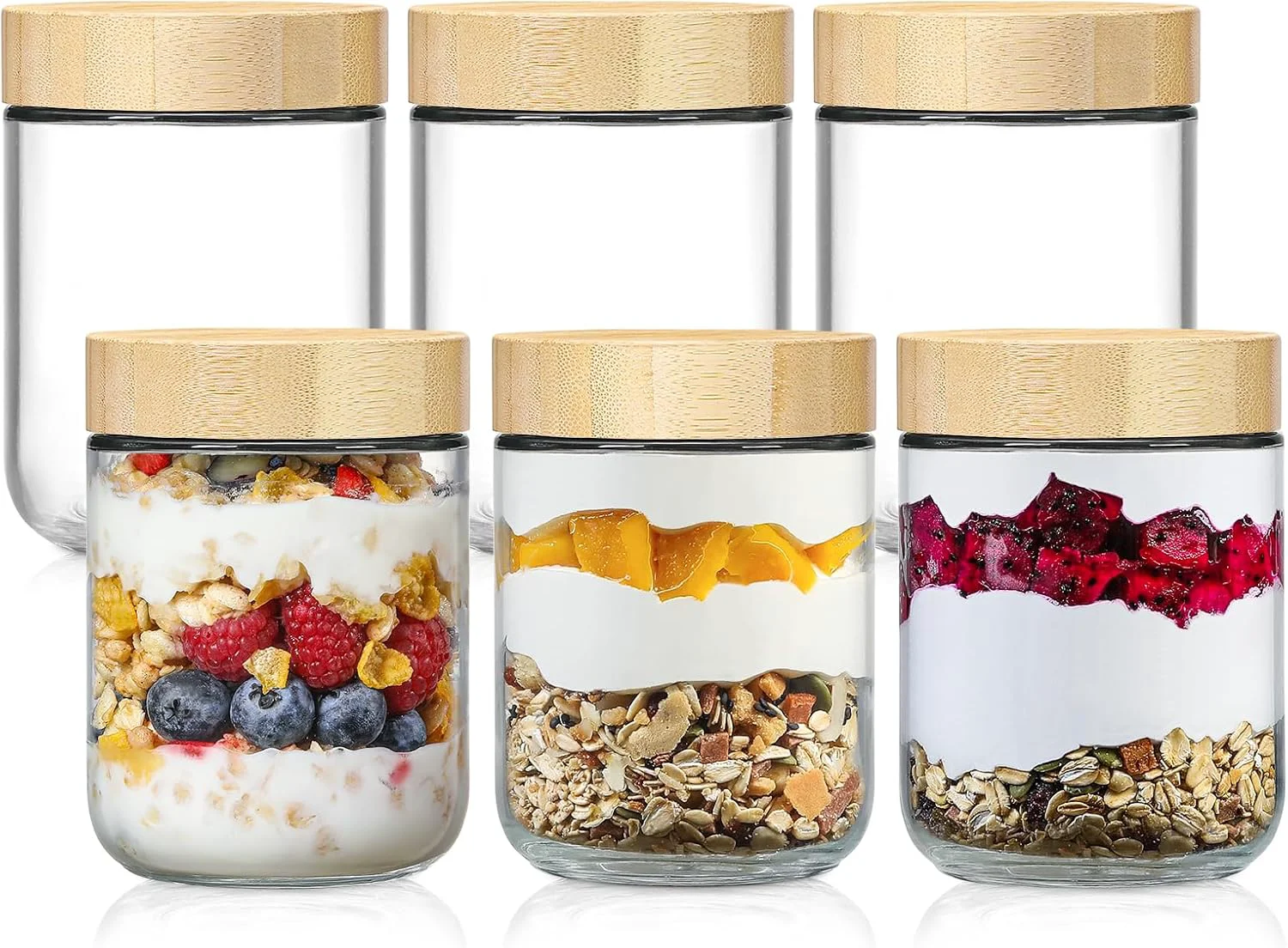 Solid Netany 6-pack 16oz Glass jars with Airtight Lids Overnight Oats Containers with Bamboo Lids Wide mouth Mason Salad jars Superior