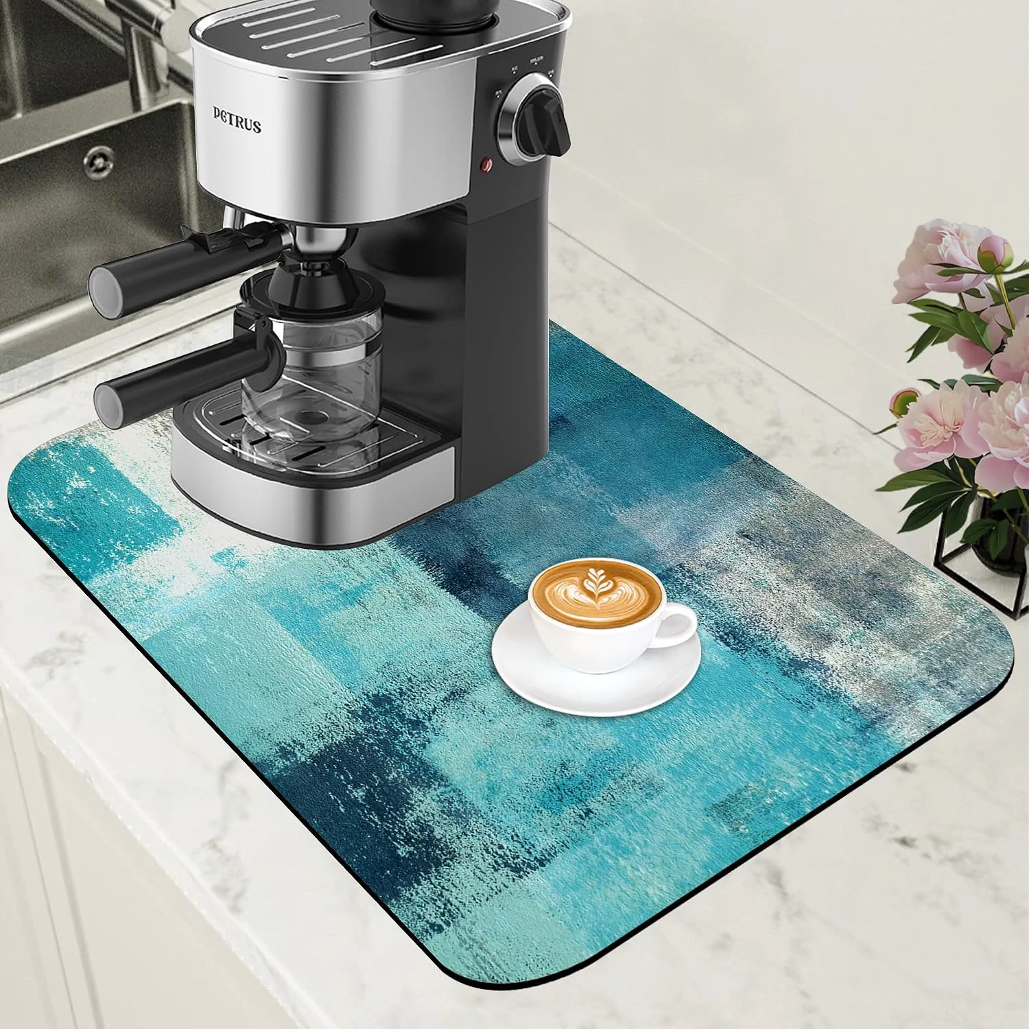Practical Teal and Grey Abstract Art Dish Drying Mat for Kitchen Counter Coffee Bar Mat Hide Stain Absorbent Rubber Backed Drying Rack Pad Espresso Machine Coffee Bar Accessories 11.8 x 19.7 Inch Genuine