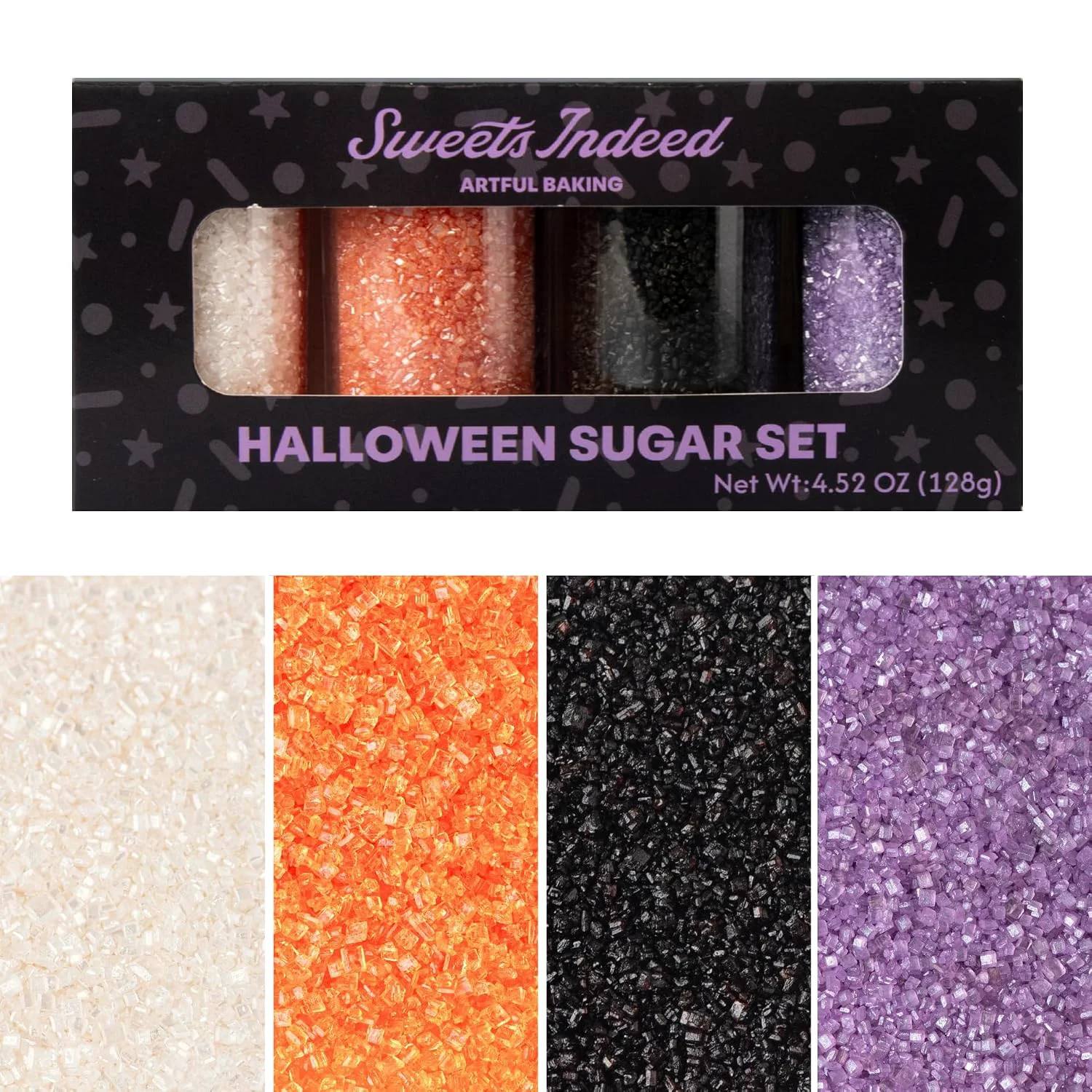 First-Class Sweets Indeed Halloween Sanding Sugar 4 Pack Orange Black Purple White 4.52 oz Relaxed