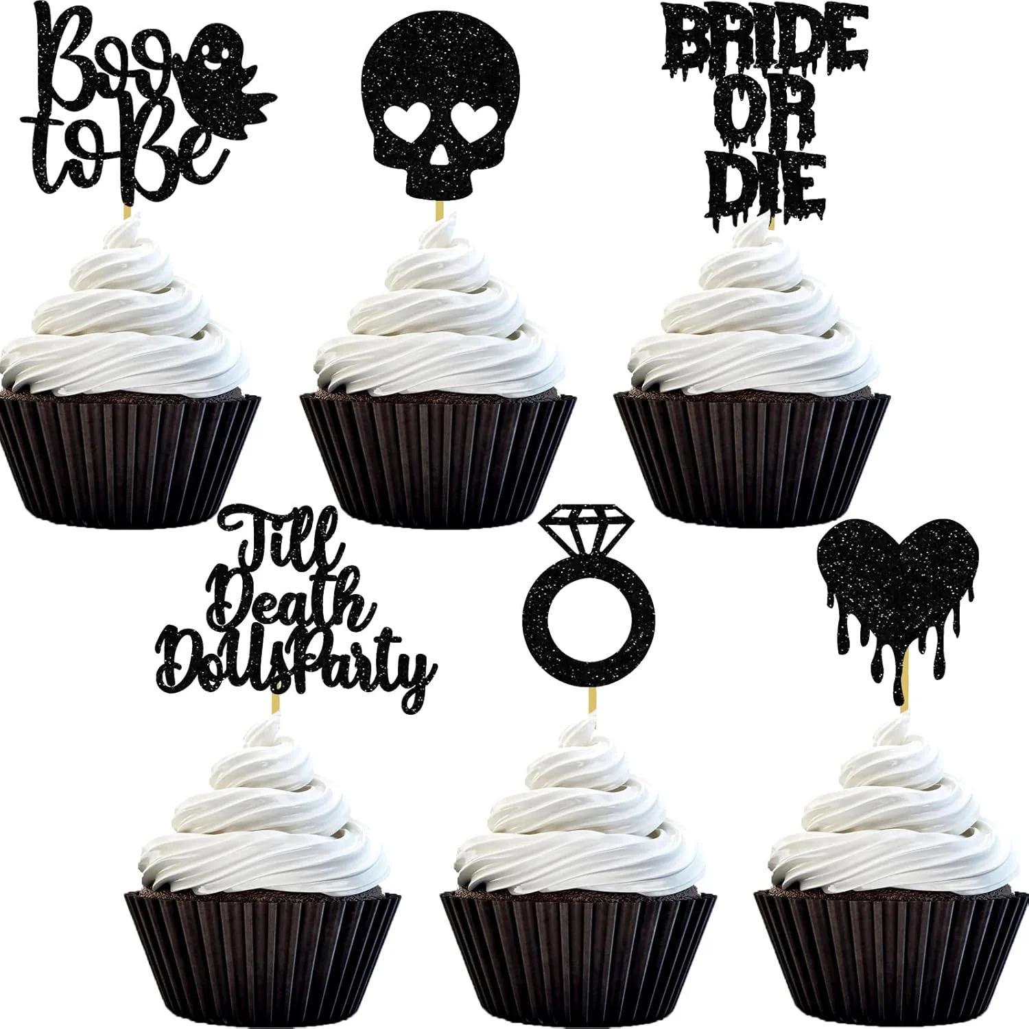 Long-Lasting Halloween Bachelorette Cupcake Topper Boo To Be Ring Bride Or Die Skull Heart Blood Glitter Food Picks Horror Ghost Engagement Party Decorations Black Enhanced