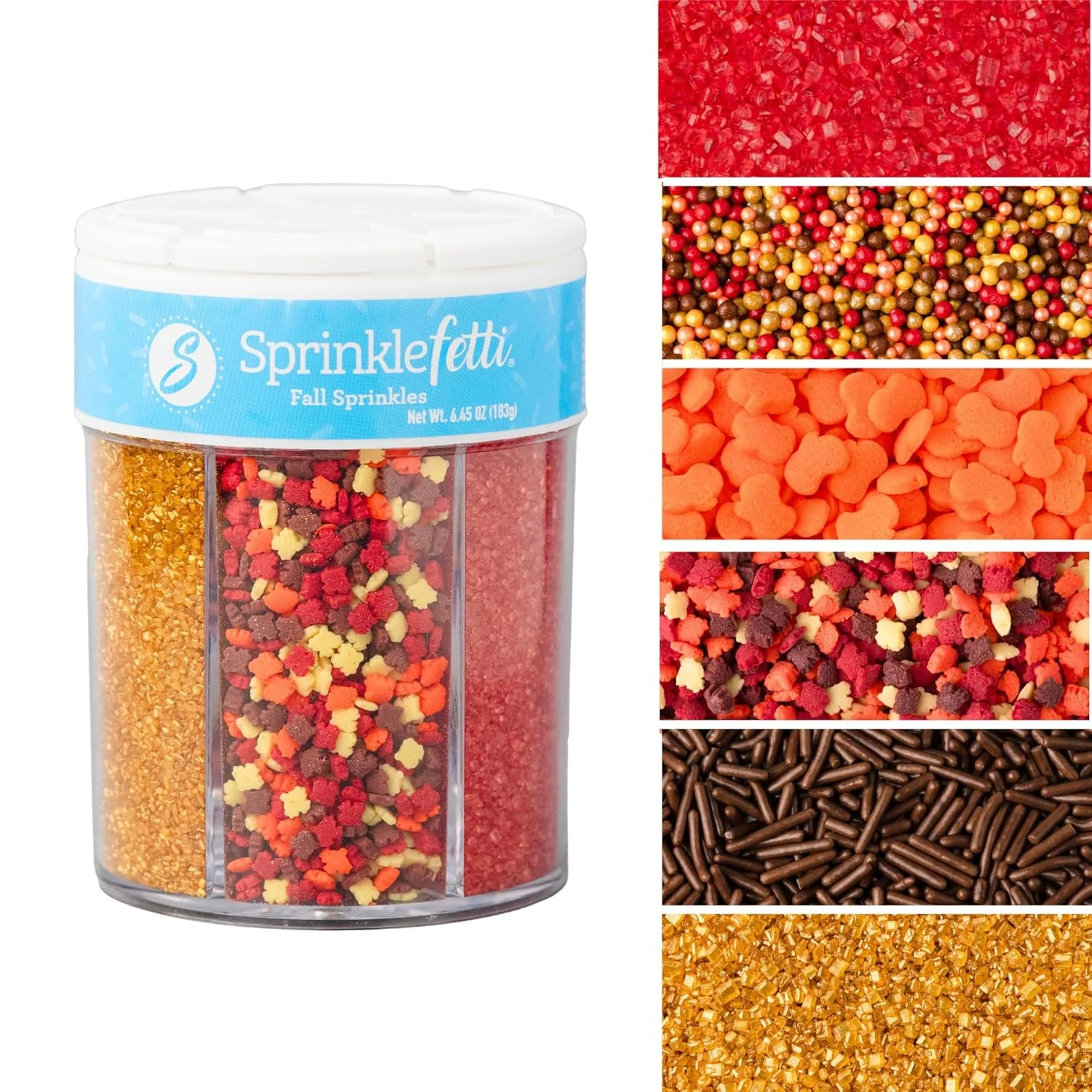 Consistent Sweets Indeed Sprinklefetti Fall 6-Cell Sprinkle Jar – 6 Assorted Fall Sprinkles Pumpkins Leaves Sugar Crystals Nonpareils Jimmies Cupcake Cake Decorations 6.45 oz Pure