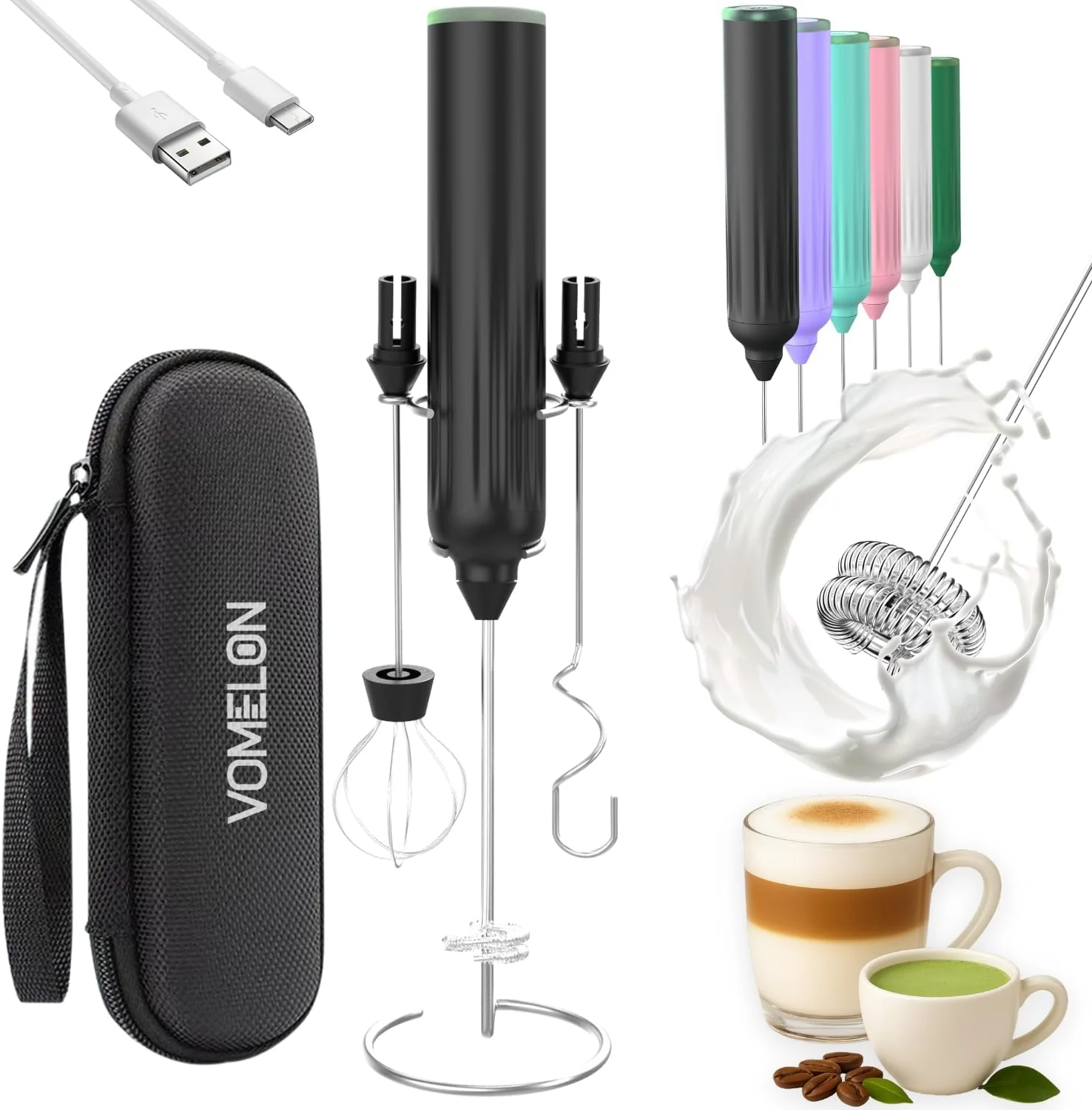 Fast Milk Frother Handheld 3-Speed Rechargeable Coffee Foamer Drink Whisk with 3 Stainless Steel Heads Electric USB C Whisk for Coffee Latte Cappuccino Long-Lasting