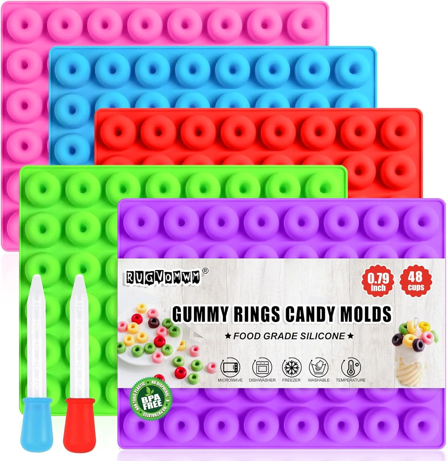 Safe 5 Pack Gummy Rings Candy Molds Silicone Round Mini Donut Mold with 2 Dropper Non-Stick Food Grade Mold for Hard Candies Chocolate Ice Cube Eco-Friendly