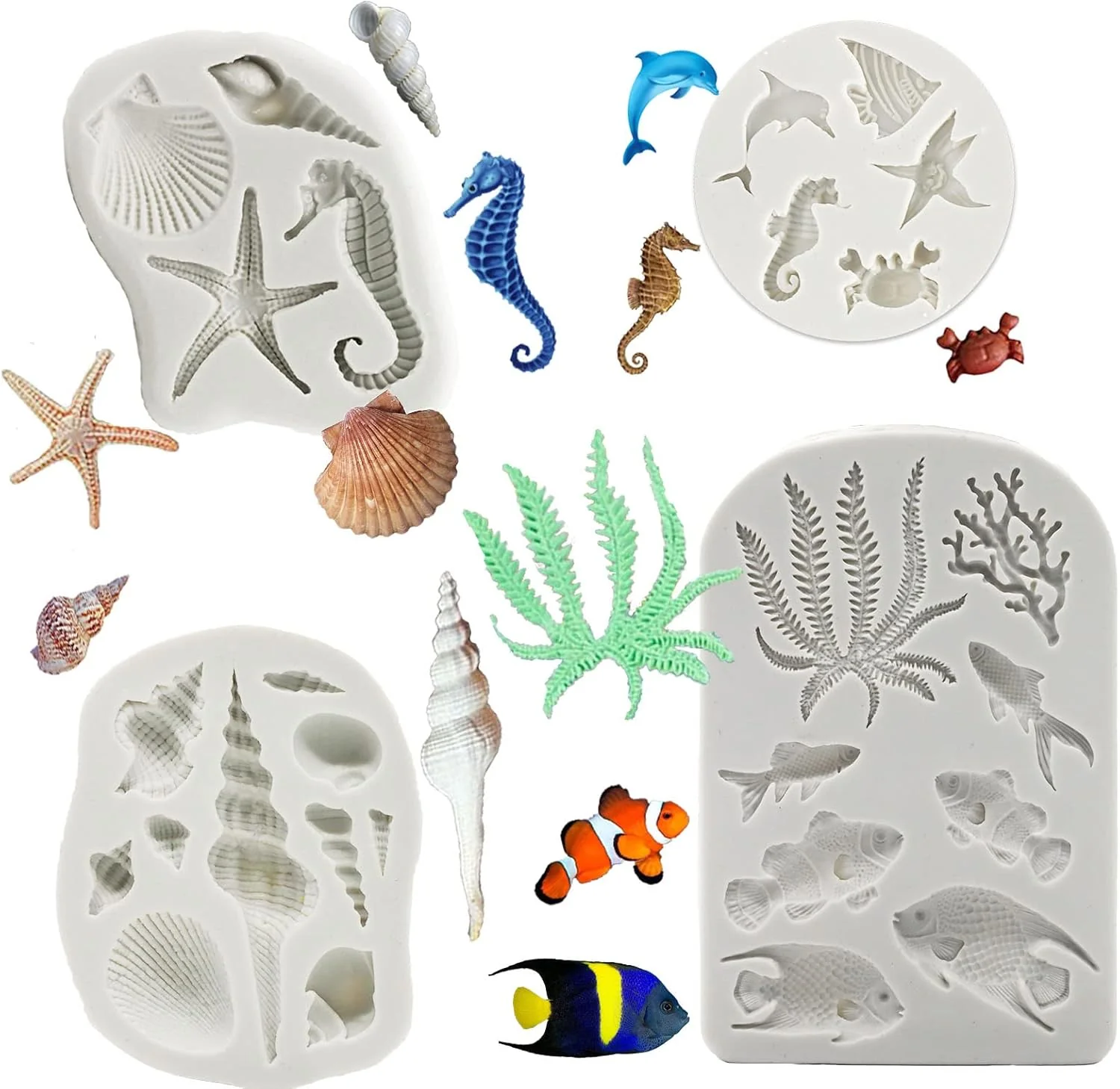Long-Lasting Memovan Marine Theme Silicone Fondant Mold 4pcs Under the Sea Cake Mold Hippocampus Seaweed Sea Fish Crab Coral Conch Sea Shell Silicone Chocolate Functional