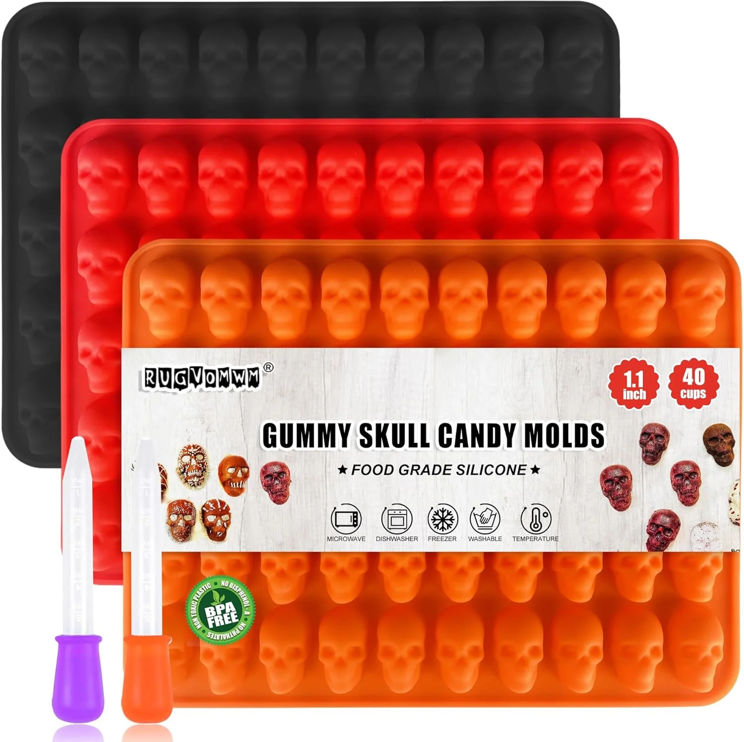 Traditional 3 Pack Halloween Gummy Skull Candy Molds Silicone Halloween Mini Skull Mold with 2 Droppers for Chocolate Candy Ice Cube – Orange，Red，Black Reliable