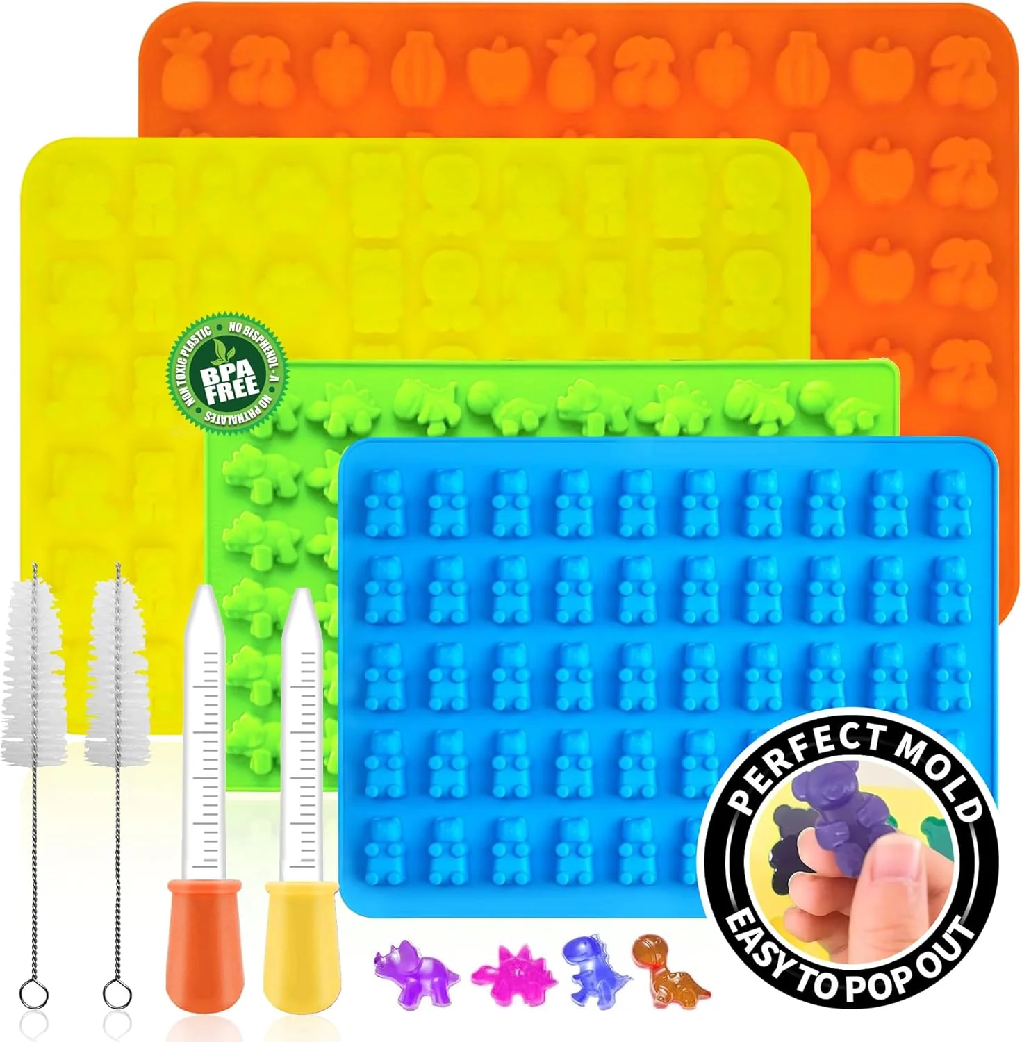 High-Quality Silicone Gummy Molds Set of 4 Non-stick Candy Chocolate Molds with 2 Droppers 2 Clean Brush Includes Dinosaur Bear Fruit Animal Shape Unique
