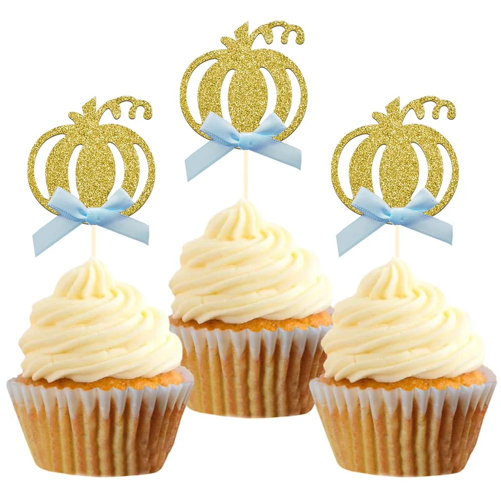 Secure 24pcs Pumpkin Cupcake Toppers Fall Theme Cake Decoration for Baby Shower Party Supplies Blue Bow High-End