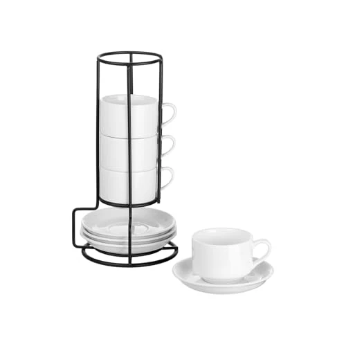 Elite 2.5 OZ Stackable Porcelain Espresso Cups with Saucers Set 4 Count Professional