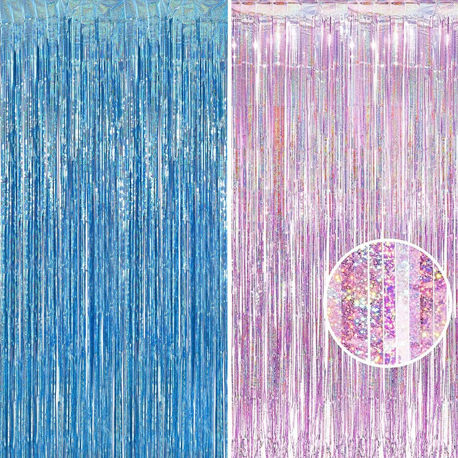 Classic Braveshine Pink Blue Tinsel Foil Fringe Curtains – 2Pcs 3.2×8.2ft Holidays Photo Streamers Backdrop for Easter Girl or Boy Birthdays Bridal Shower Efficient