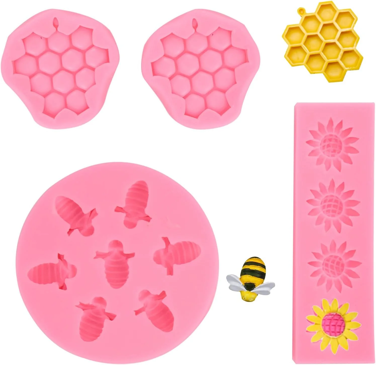 Selected 4 Pcs Bumble Bee Silicone Molds Kit with Honeycomb Bee and Sunflower Fondant Chocolate Cupcake Cake Decorating Candy Molds Pink Next-Generation