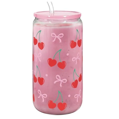 Fast Cherry 16 Oz Can Glass Tumbler with Acrylic Lid and Straw Advanced