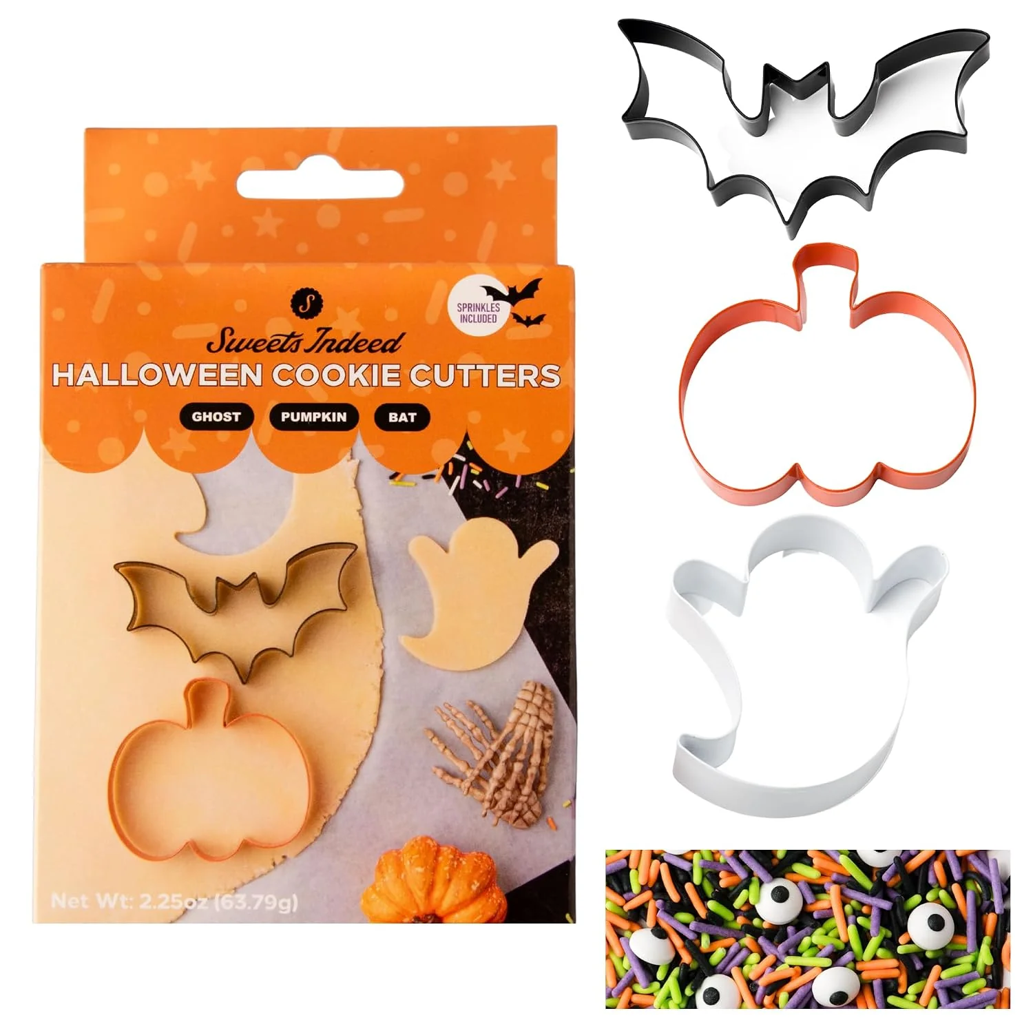 Original Sweets Indeed Halloween Cookie Cutters 3 Pack with Sprinkles 2.25 ounces Smart