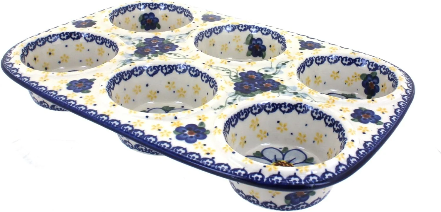 Selected Blue Rose Polish Pottery – Blue Daisy Surprise Muffin Pan – 12 x 8 – Ceramic Baking Dish 6-Cup Muffin Cupcake Pan Dependable