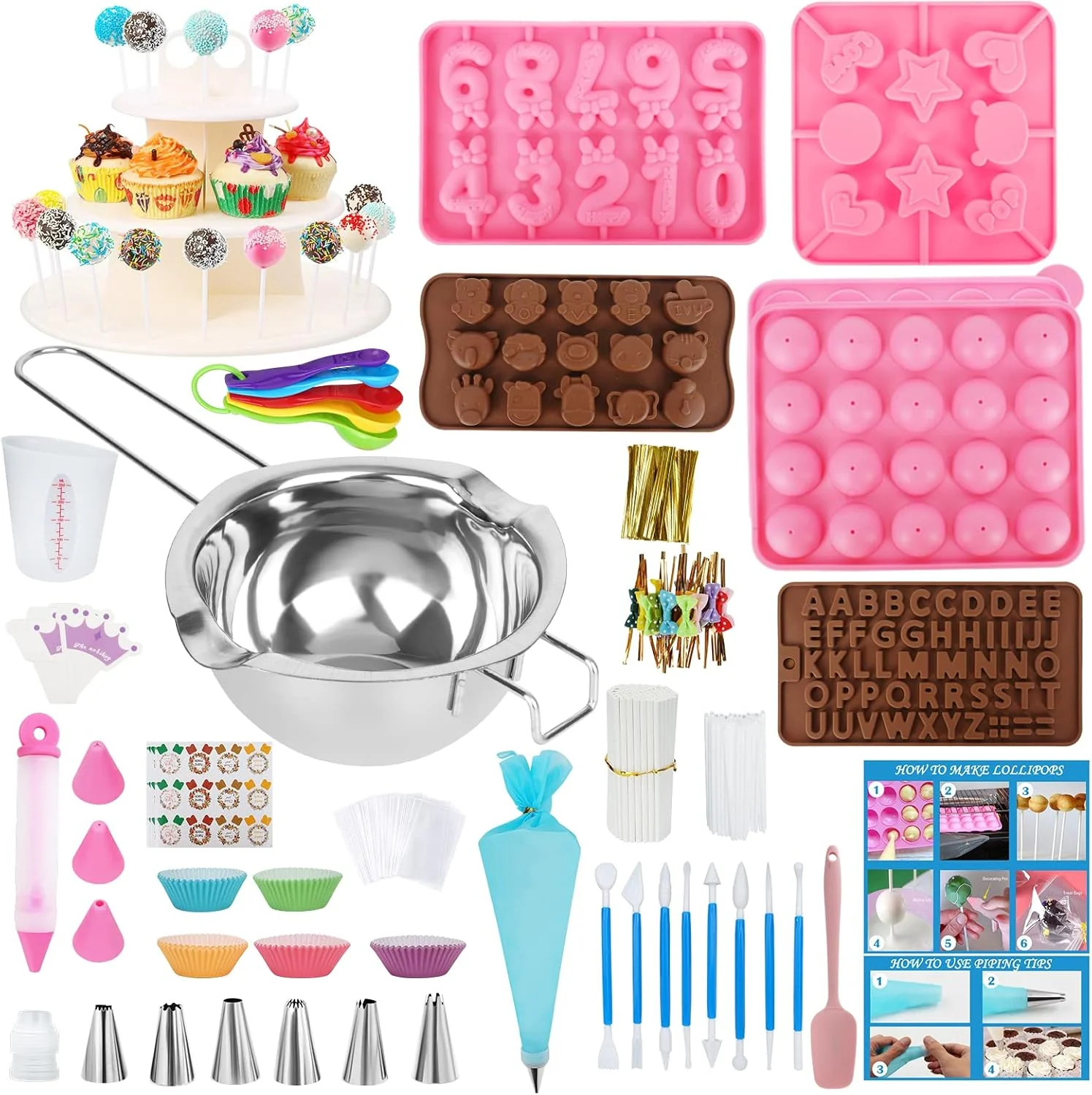 Verified Cake Pop Maker Kit 618Pcs with 5 Silicone Mold Sets – 3 Tier Display Stand Chocolate Candy Melting Pot Piping Tips and Coupler Measuring Cup Safe