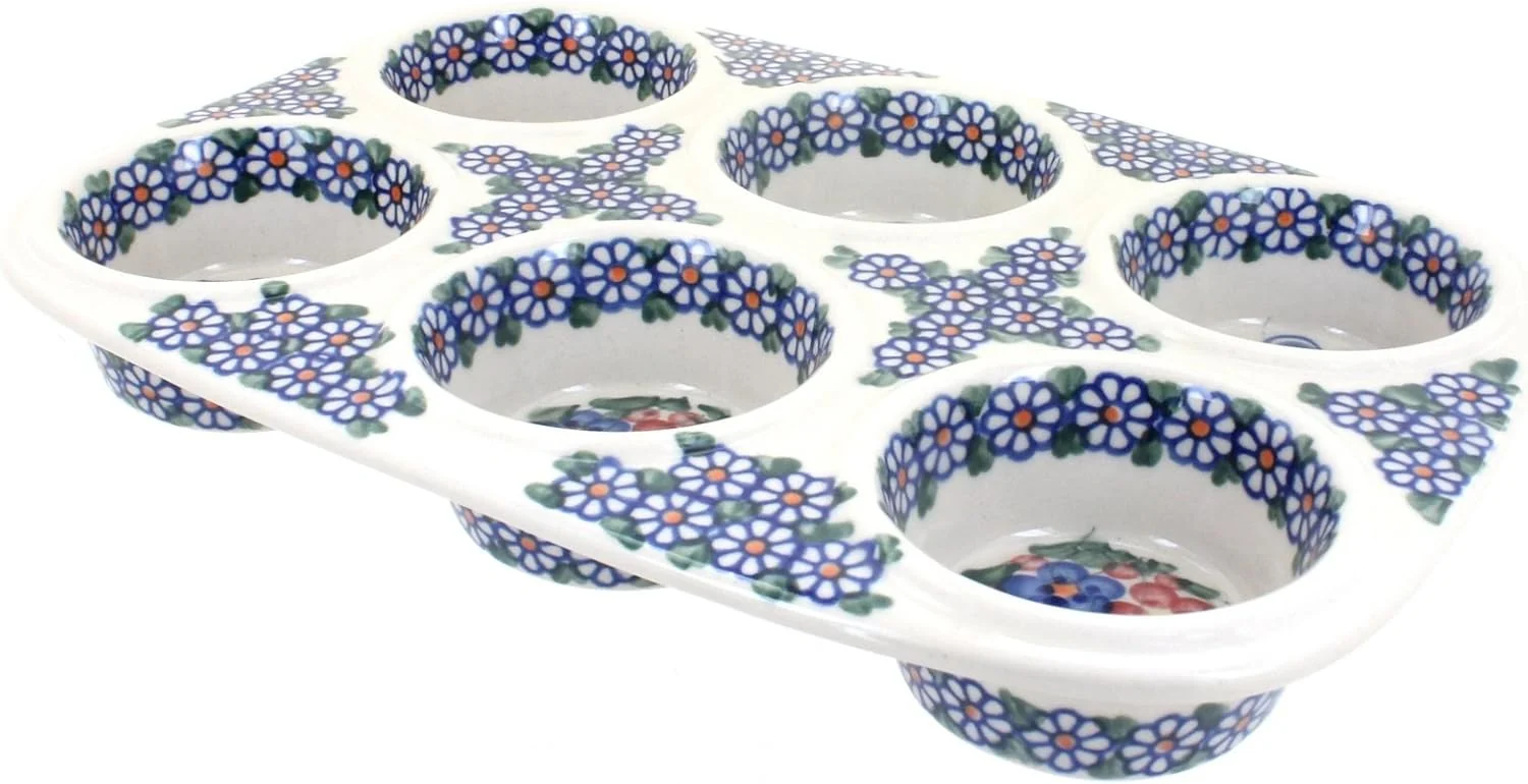 Original Blue Rose Polish Pottery – Blue Garden Butterfly Muffin Pan – 12 x 8 – Ceramic Baking Dish 6-Cup Muffin Cupcake Pan Convenient