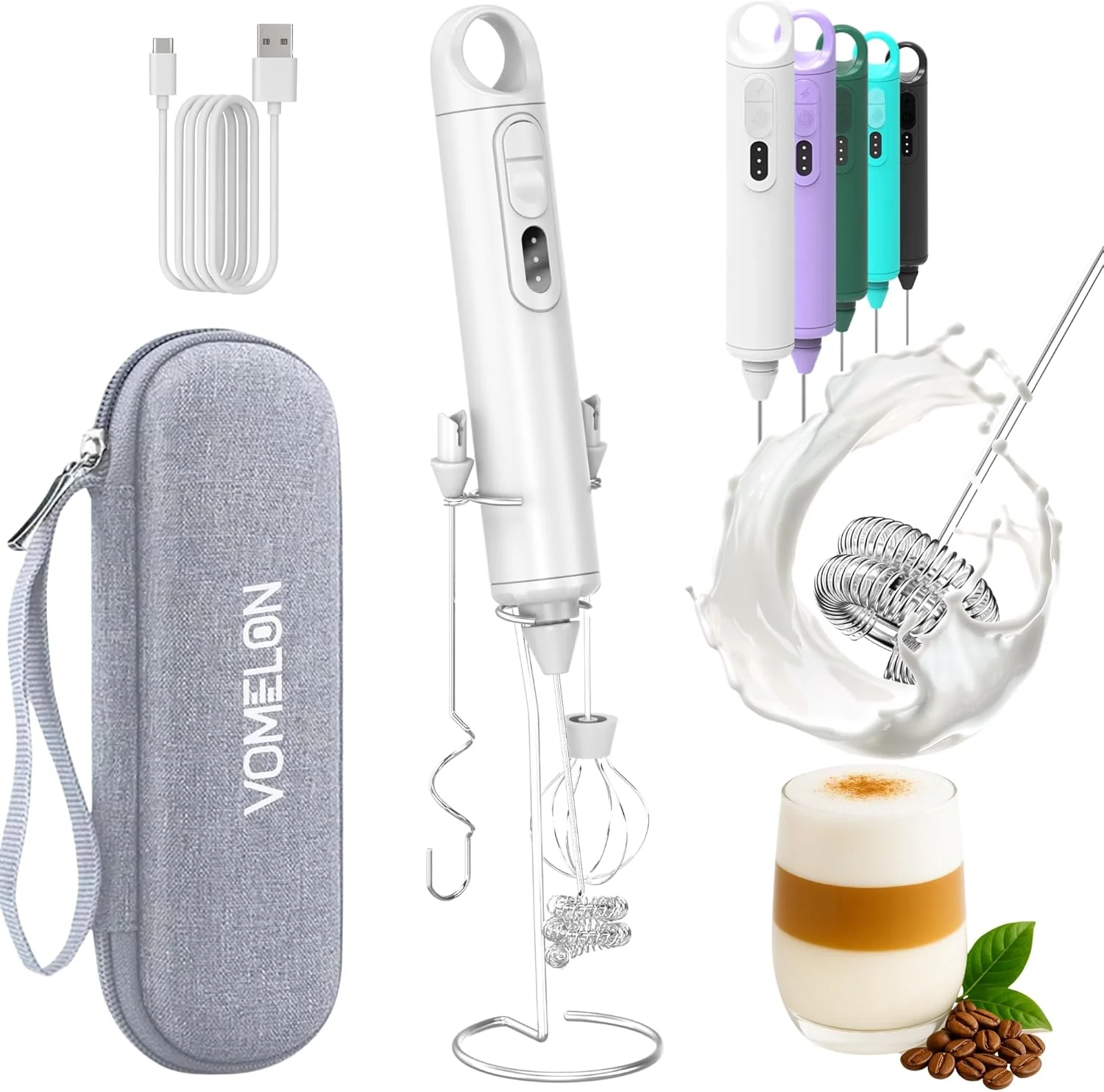 Quality Rechargeable Milk Frother Handheld 3 Speed Coffee Foamer 3 Whisk Electric Drink Mixer for Latte Cappuccino Coffee Eggs Hot Chocolate White Unique