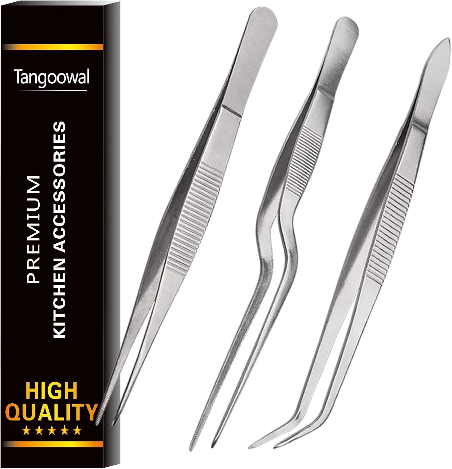 Top-Quality Kitchen Cooking Tweezers Culinary 3 Piece Set Stainless Steel Tweezer Precision Tongs Offset Tip for Cooking Food Design styling 6.3-Inch Sustainable