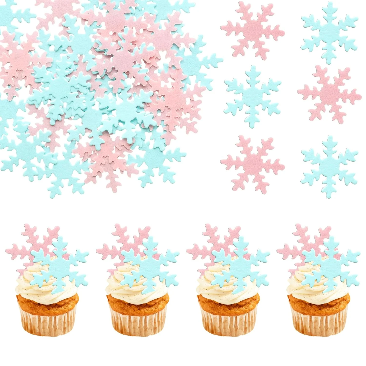 Detailed Gyufise 50Pcs Pink Edible Cupcake Cake Toppers Snowflake Cake Decorations for Christmas Winter Frozen Theme Party Supply Decoration Blue Pink Trusted