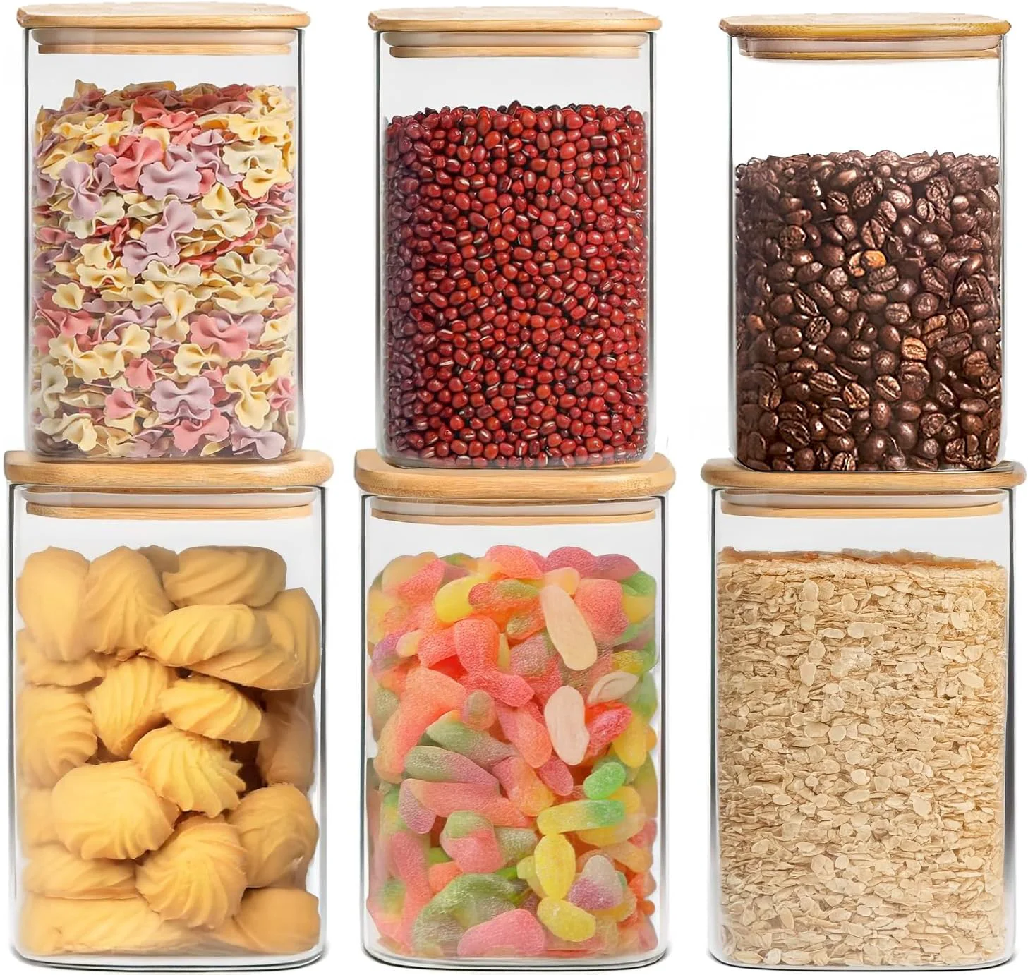 Original 6 Pack Glass Food Storage Jars with Airtight Lids Clear Glass Jar with Bamboo Lid Airtight Food Canister for Tea Candy Coffee Sugar Cookie Snack. Square 5 6 Inch SET of 3 Recyclable