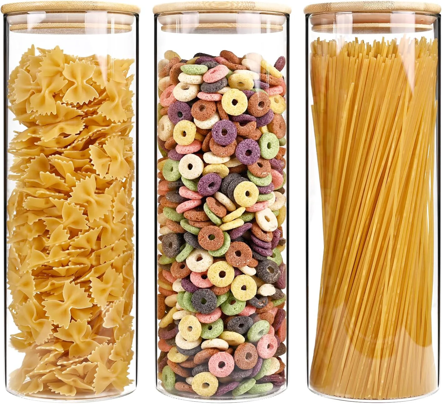 Traditional SHOWIN 73oz Glass Pasta Storage Jars Tall Glass Jars with Bamboo Lids Spaghetti Container Set of 3 Kitchen Storage Containers for Pasta Pantry Organizers Exceptional