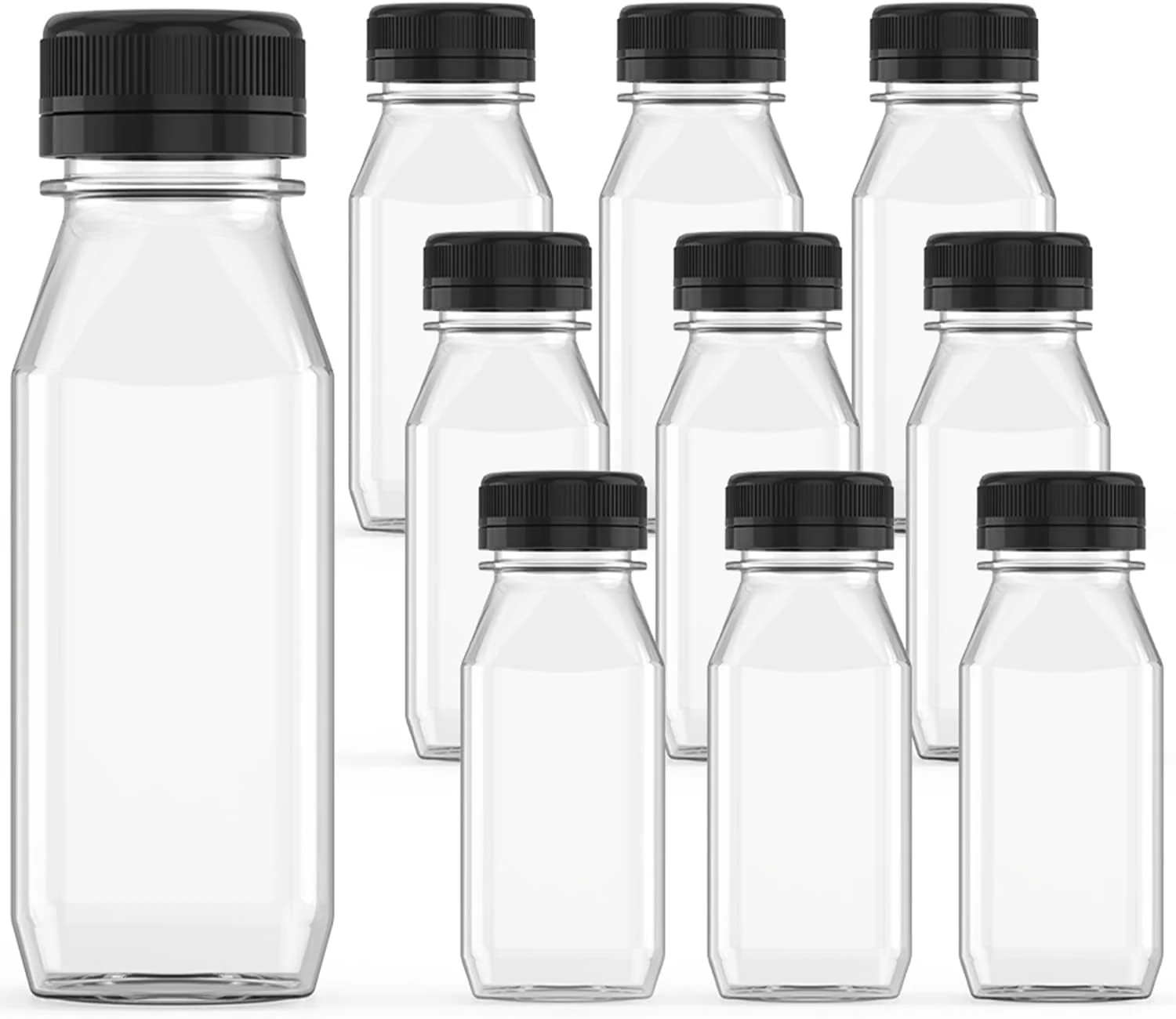 First-Class 3 Pcs 8 oz Plastic Juice Bottle Reusable Transparent Bulk Beverage Containers with Black Lids for Juice Drinking Milkshake Tea Milk Solid