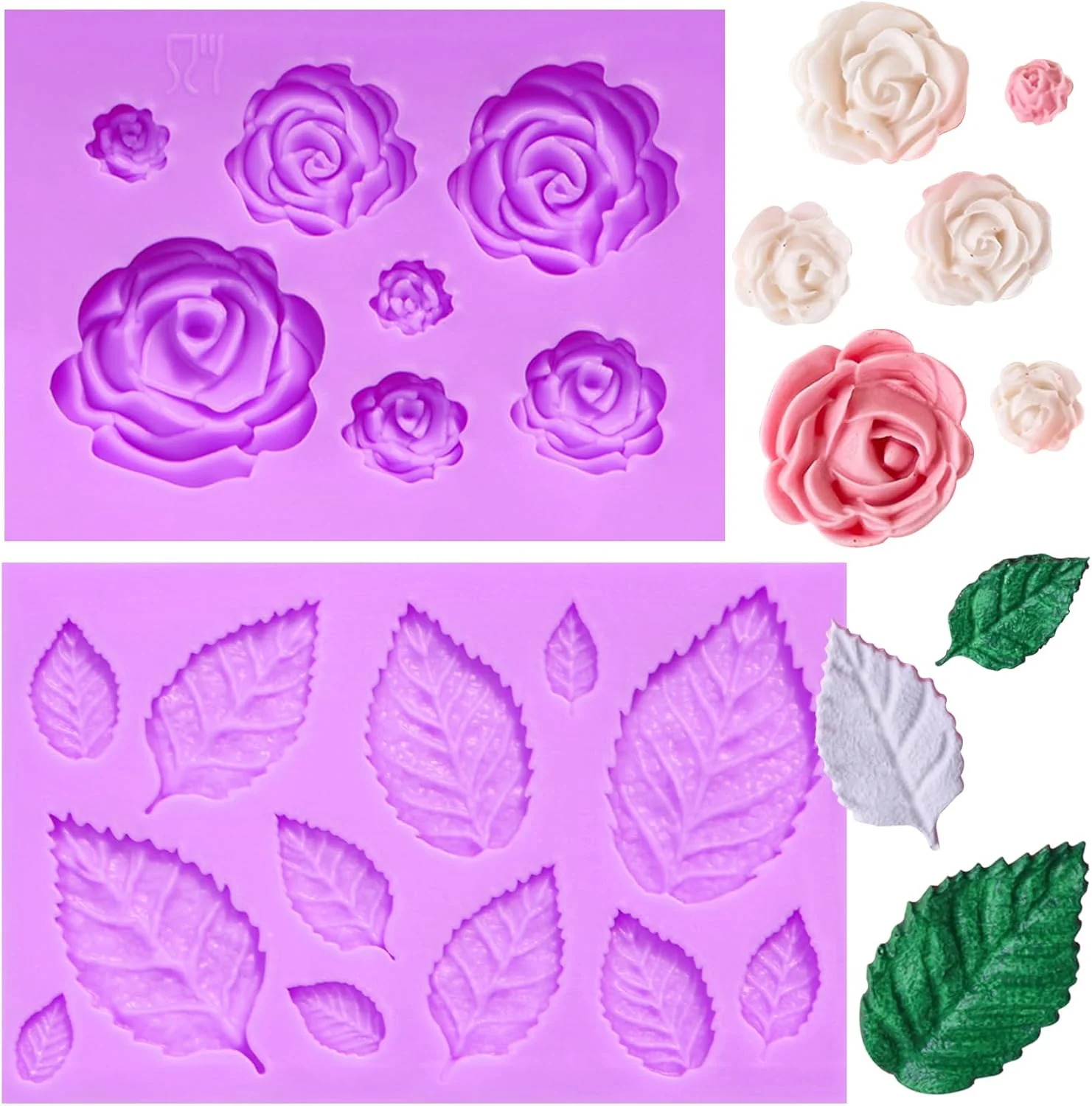 Trendy Rose Flower Fondant Molds Flower and Leaves Silicone Molds Cake Decoration Chocolate Molds for Cupcake Topper Candy Cookie Clay Crafting Projects Safe