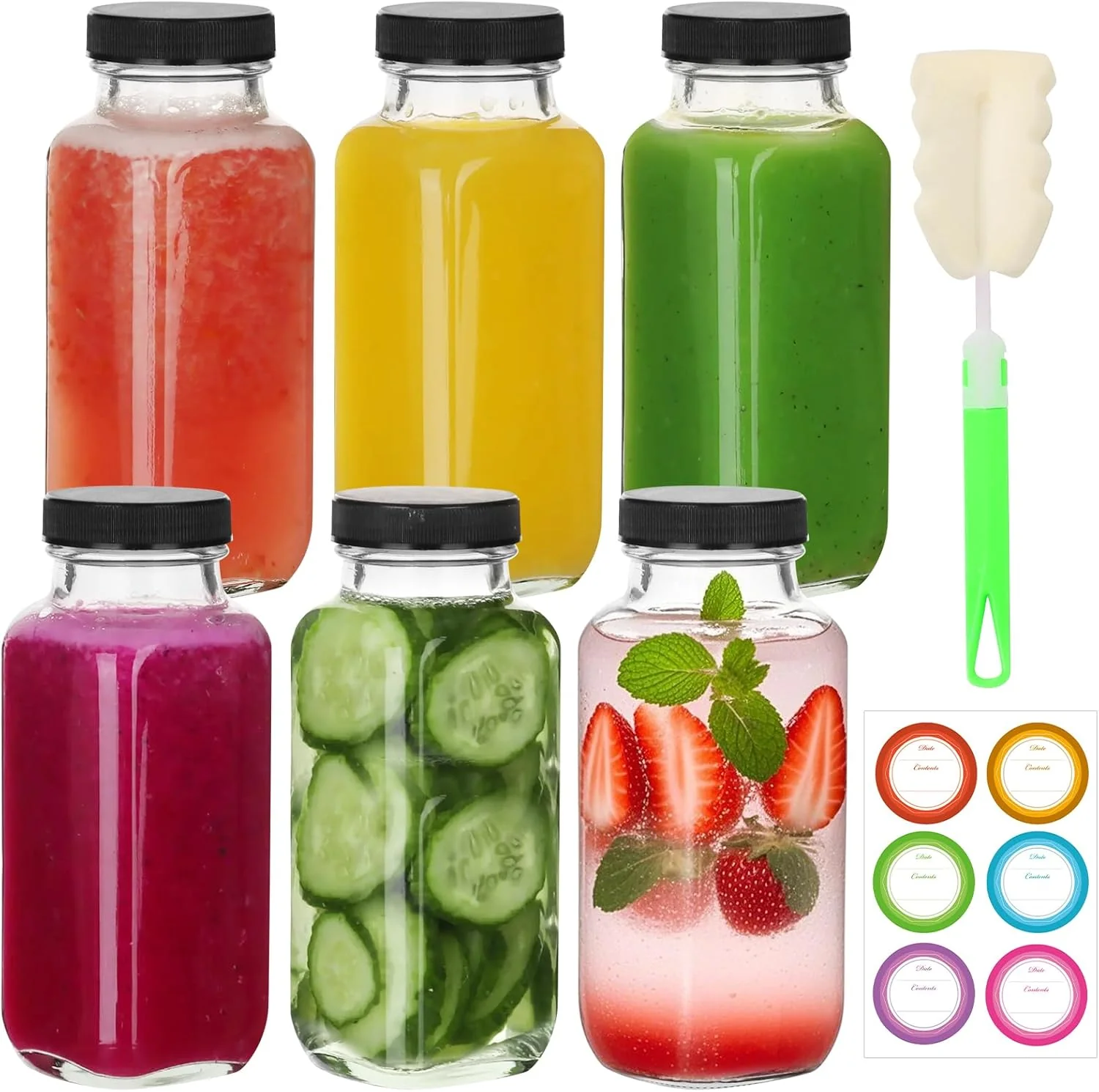 Stylish Bigivaca 8 oz Glass Juice Bottles with Lids 6 Pack Bottles for Juicing Square Drinking Jars Glass for Coffee Cola Milk Tea in Travel Work School Outstanding