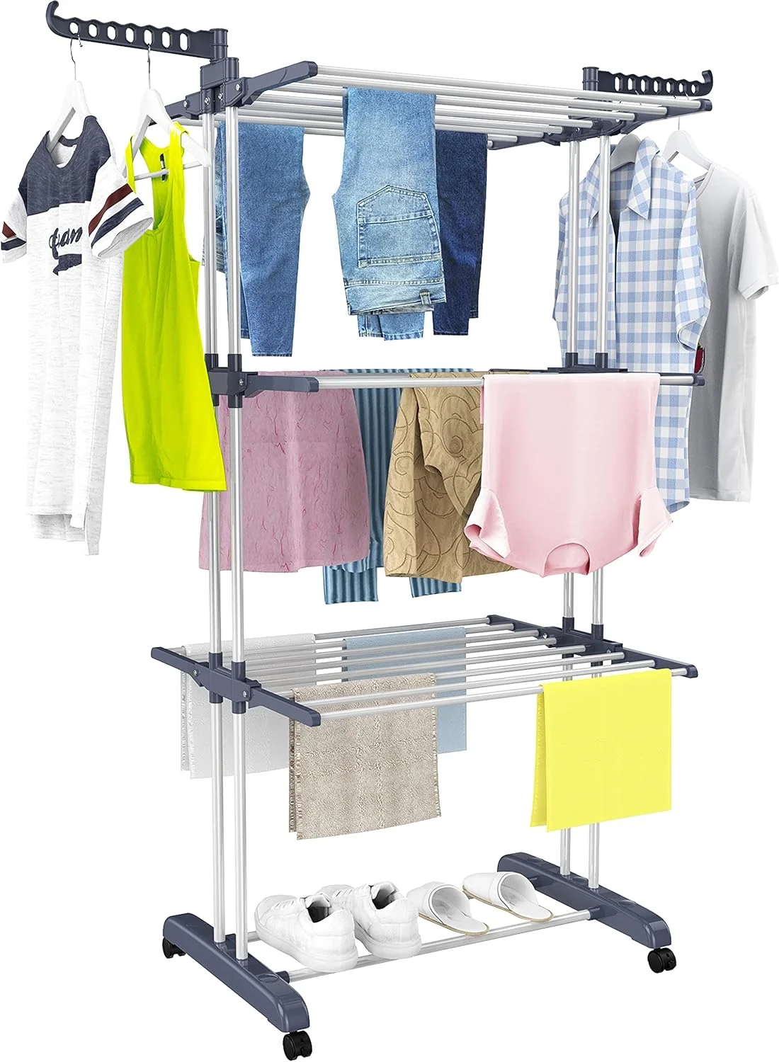 Environmentally Friendly Homidec Clothes Drying Rack Oversized 4-Tier 67.7 High Foldable Stainless Steel Drying Rack Clothing Movable Drying Rack with 4 castors Enhanced