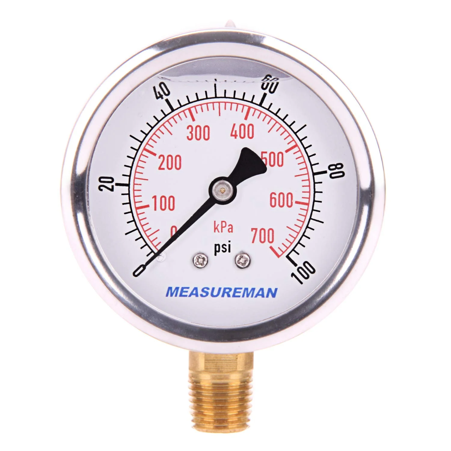 Pure MEASUREMAN Pressure Gauge 1 4 NPT 0-100psi kPa Glycerin Filled Pressure Gauge with 2.5 Inch Dial Size and 304 Stainless Steel Case 0-100 psi Lower Mount Authentic