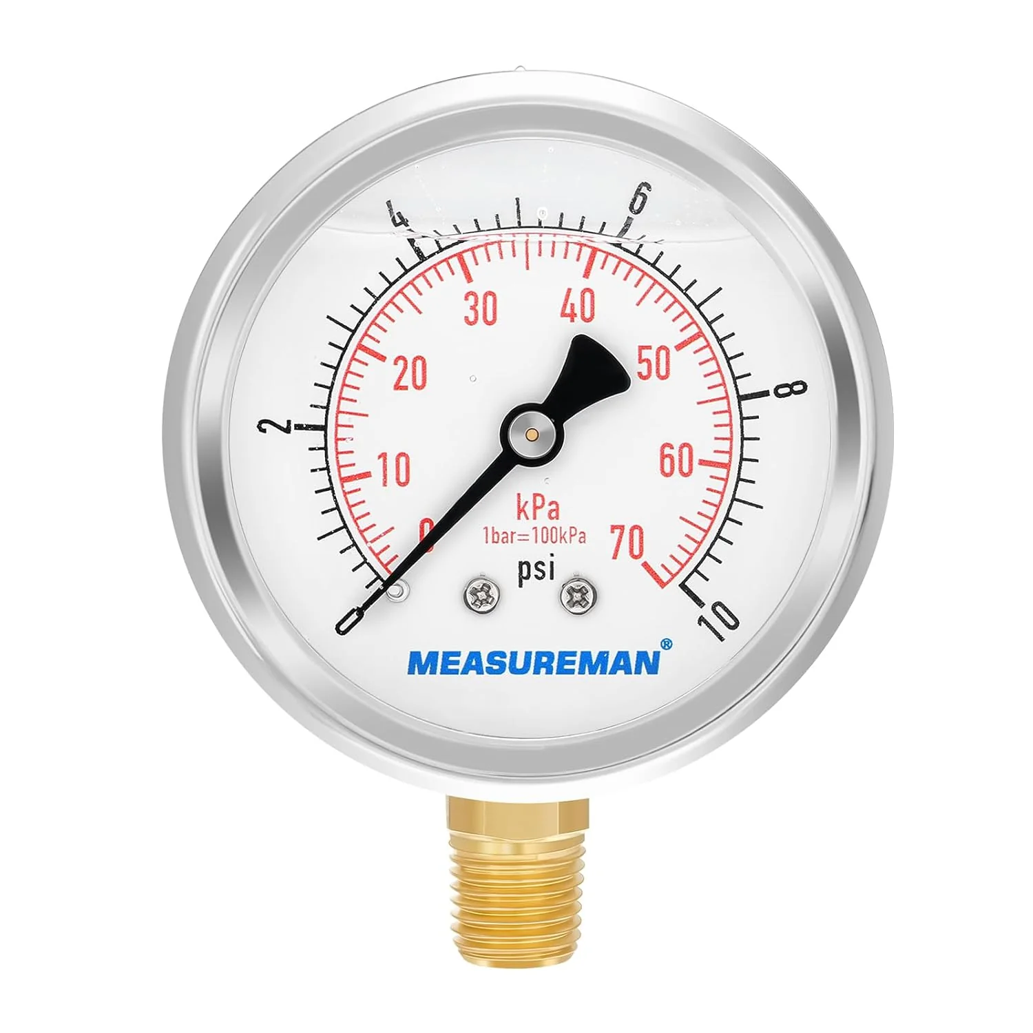 Proven Measureman 2-1 2 dial Glycerin Filled Stainless Steel case Brass Inside 0-10psi kpa 1 4 NPT Lower Mount Reliable