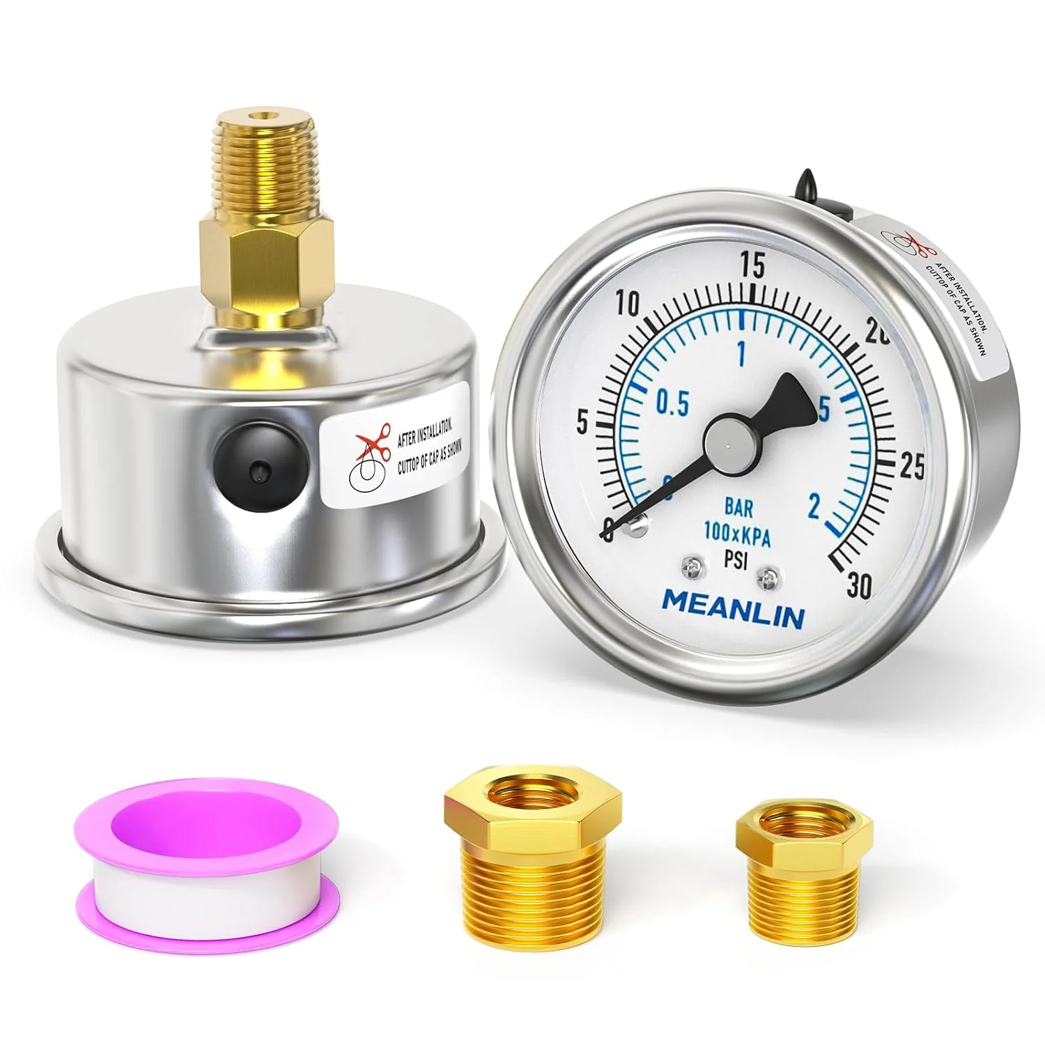 Soft MEANLIN MEASURE 0 30Psi Dry Low Pressure Gauge Stainless Steel 1 4 NPT 2 FACE DIAL Waterproof for Pool Sand Filter Water Oil Air Pressure Test Back Mount with 1 2 NPT and 3 8 NPT Hex Bushing Safe