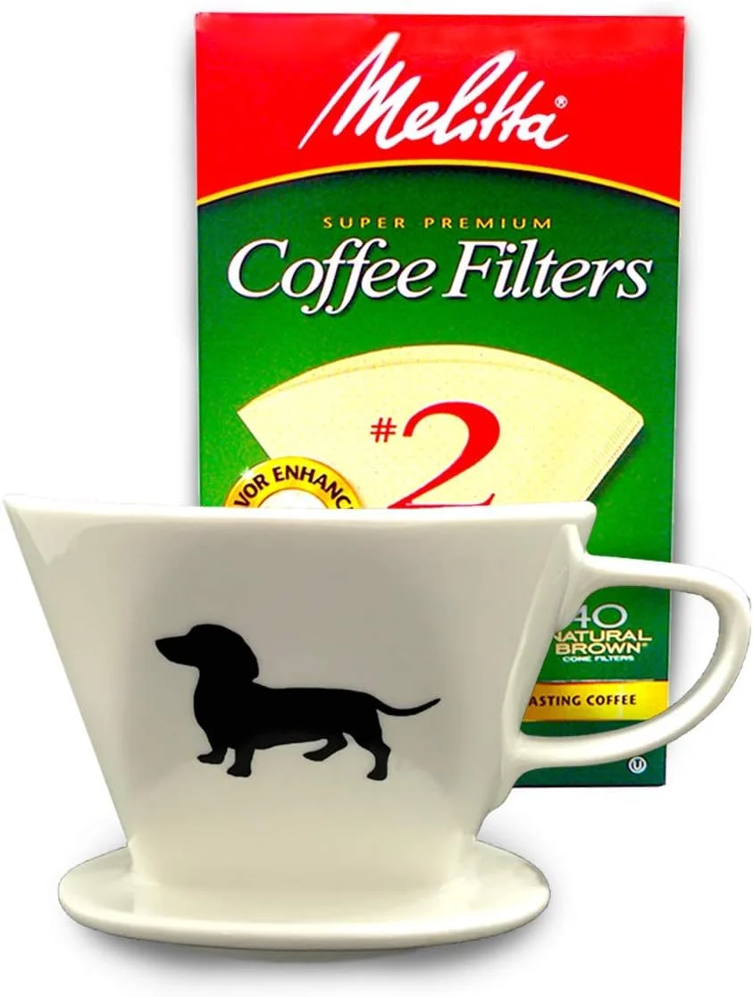 Fine Crafted Simply Charmed Dachshund Ceramic Coffee Pour Over or Dripper with Full Box of 40 Melitta Brown Size 2 Filters Quality