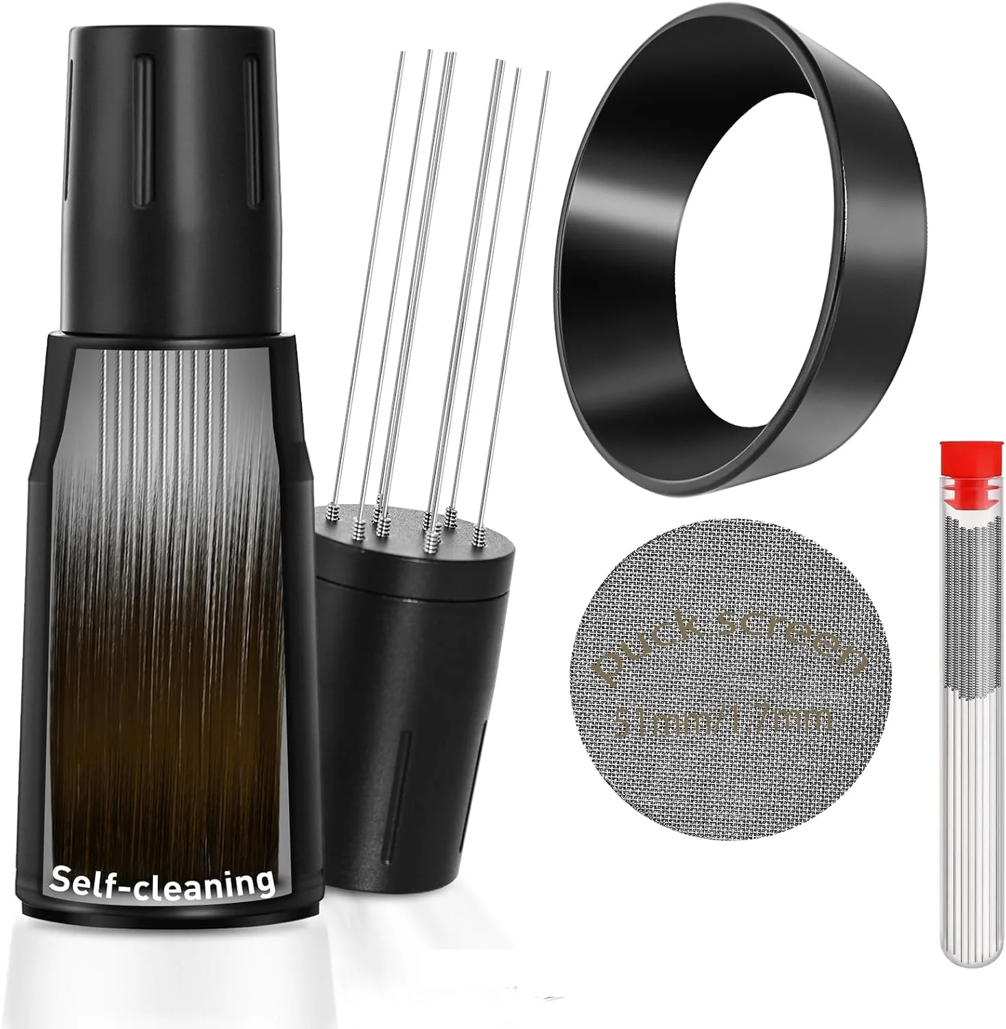 Next-Generation WDT Tool Espresso Distributor Accessory kit amp 1.7mm Thickness 150μm Mesh Puck Screen amp 8 Magnets dosing ring Compatible with Portafilter WDT 51MM Black dosing ring amp puck screen Responsible