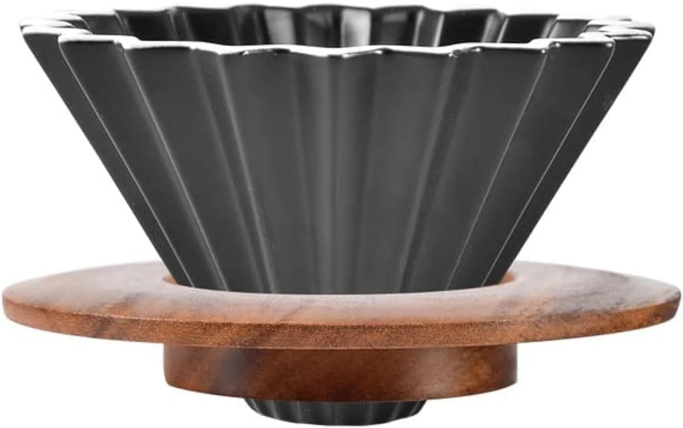 Genuine Ceramic Coffee Dripper Pour Over Coffee Maker with Wood Stand Elegant Flower Shape V60 Filter black Certified