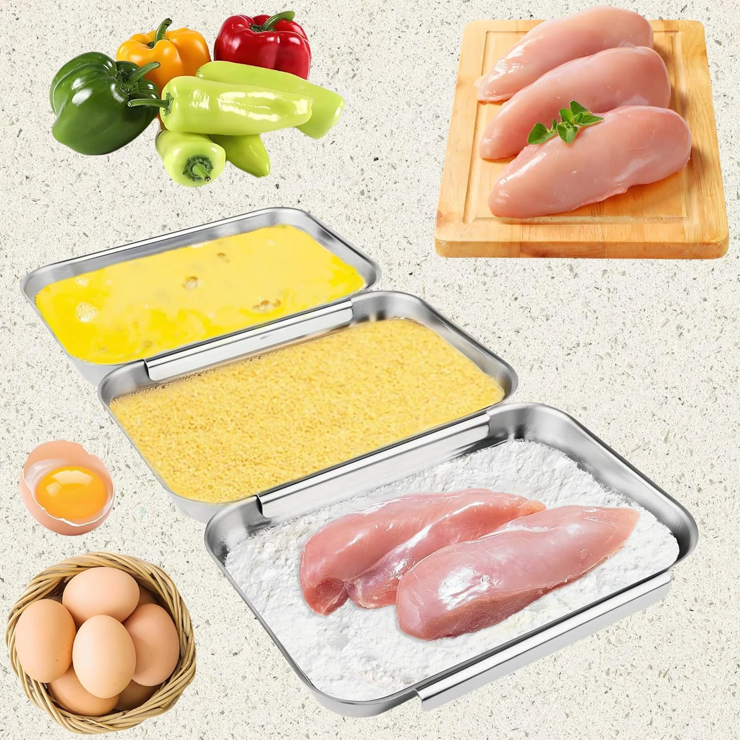High-Performance 3-Piece Stainless Steel Breading Set – Interlocking Coating Trays for Chicken Fish Meat Non-Slip Dishwasher Safe Oven Safe Stackable Space-Saving Design for Flour Egg M-8.6 x 5.8 Practical
