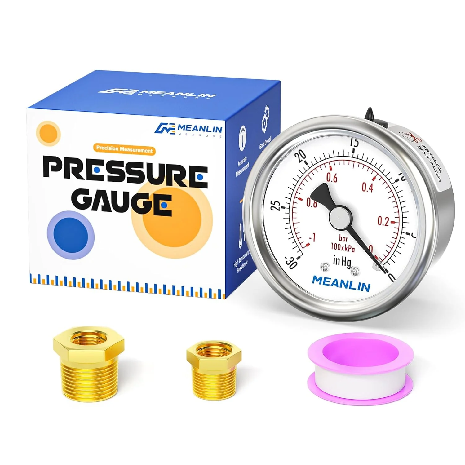 Long-Lasting MEANLIN MEASURE -30inHG 0Psi Vacuum Gauge Stainless Steel 1 4 NPT 2 FACE DIAL Waterproof for Air Compressor HVAC Negative Pressure Hand Pump Pool Back Mount with 1 2 NPT and 3 8 NPT Hex Bushing Soft