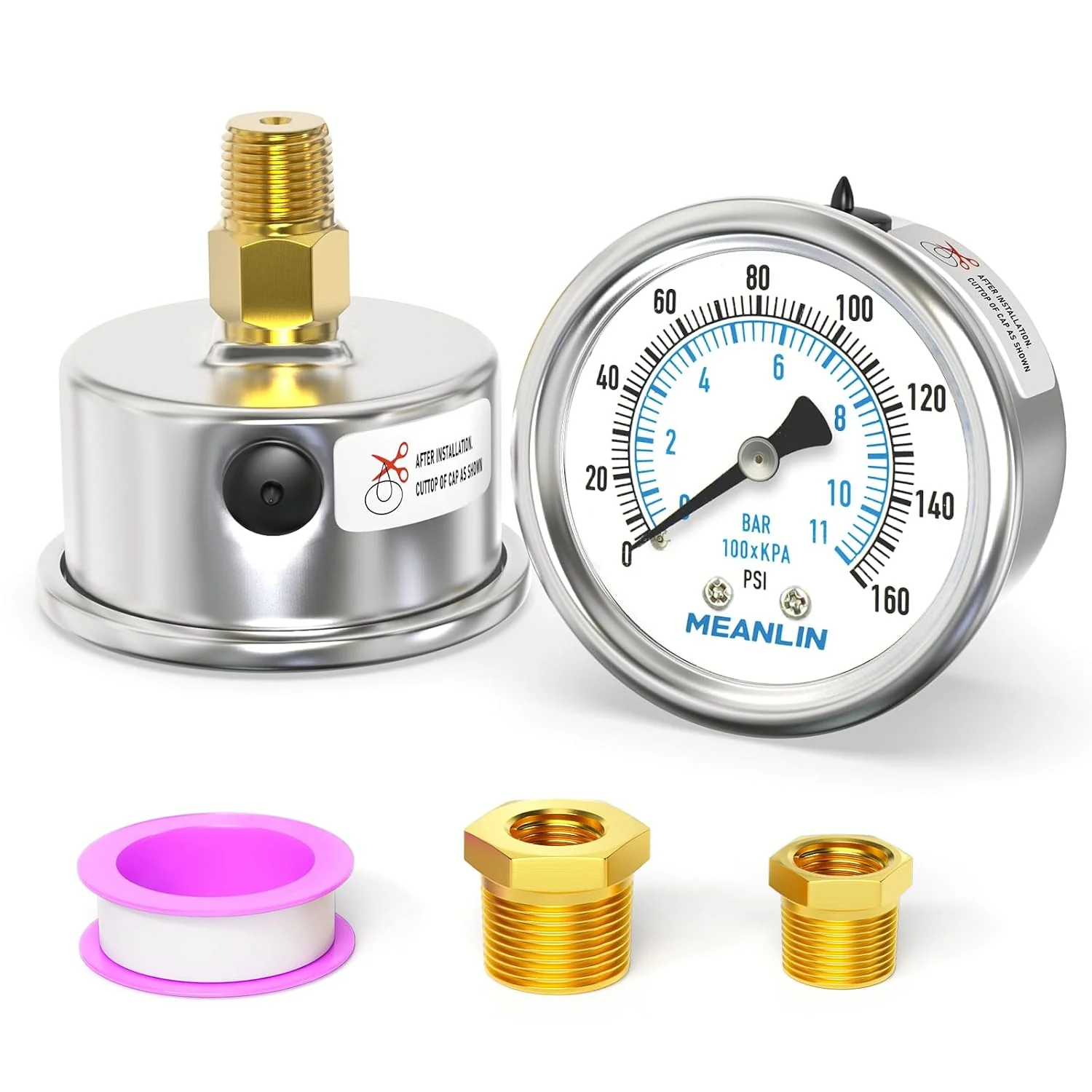 Green MEANLIN MEASURE 0 160Psi Dry Pressure Gauge Stainless Steel 1 4 NPT 2 FACE DIAL Waterproof for Air Compressor RV Regulator Water Pressure Tester Black Mount with 1 2 NPT and 3 8 NPT Hex Bushing Organic