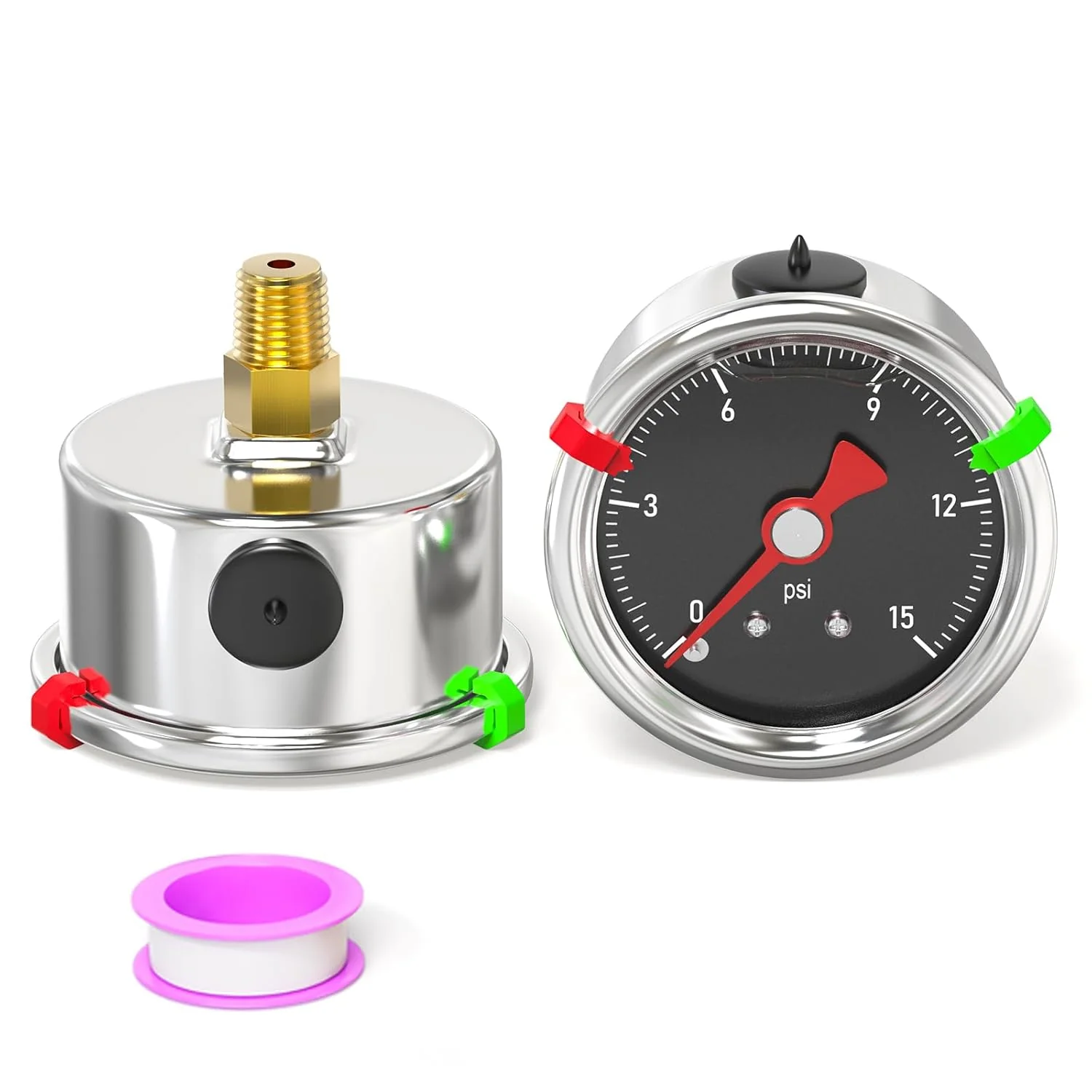 High-Grade 0-15PSI Stainless Steel Glycerin Filled Pressure Gauge 1.5 Black Dial Size 1 8 NPT Back Mount for Tube Water Pump Gas Liquid Enhanced