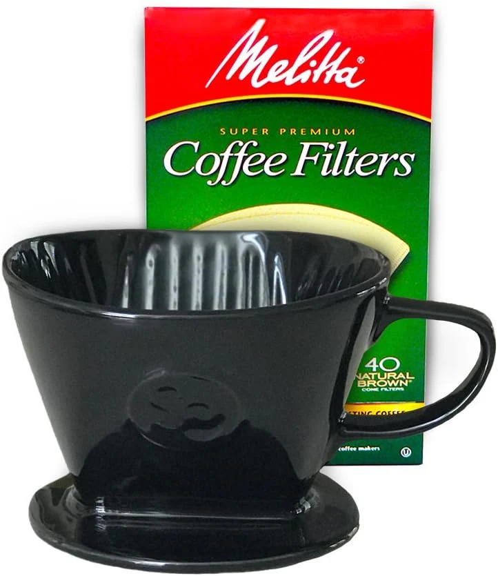 Sustainable Simply Charmed Coffee Pour Over Single Cup Ceramic Brewer Coffee Maker with Melitta Filters Black 8-16 oz Depending on How Much Water Grounds You Versatile