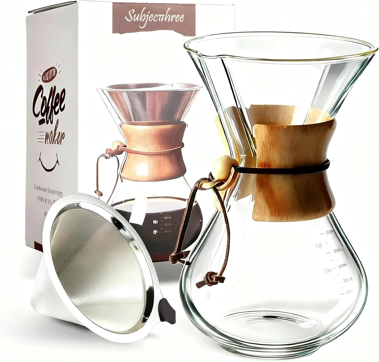 Casual Subjectthree Pour Over Coffee Maker Set 8 Cup Glass Coffee Carafe Dripper with Stainless Filter for Camping Home Office Cafes Easy Clean 8 Cup 28 oz Trendy