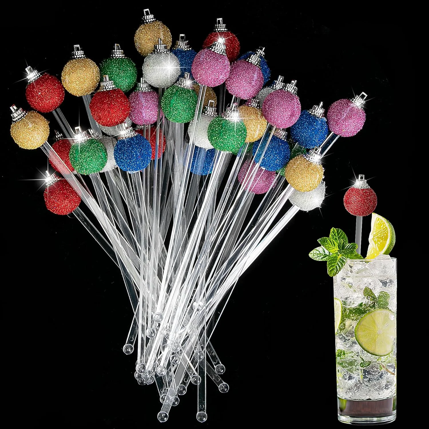 Powerful Iceyyyy 36 Pcs Christmas Glitter Ball Drink Stirrers-Reusable Round Top Christmas Stir Sticks-Colorful Swizzle Sticks for Home Holiday Cocktails Recyclable