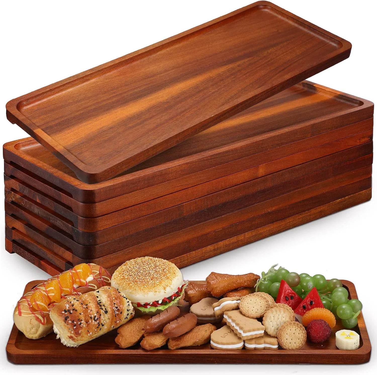 Top-Quality 10 Pack Solid Wood Serving Trays 16.7 x 6.4 Inch Acacia Wooden Server Platter Rectangular Charcuterie Boards with Grooved Handle for Home Room Coffee Verified